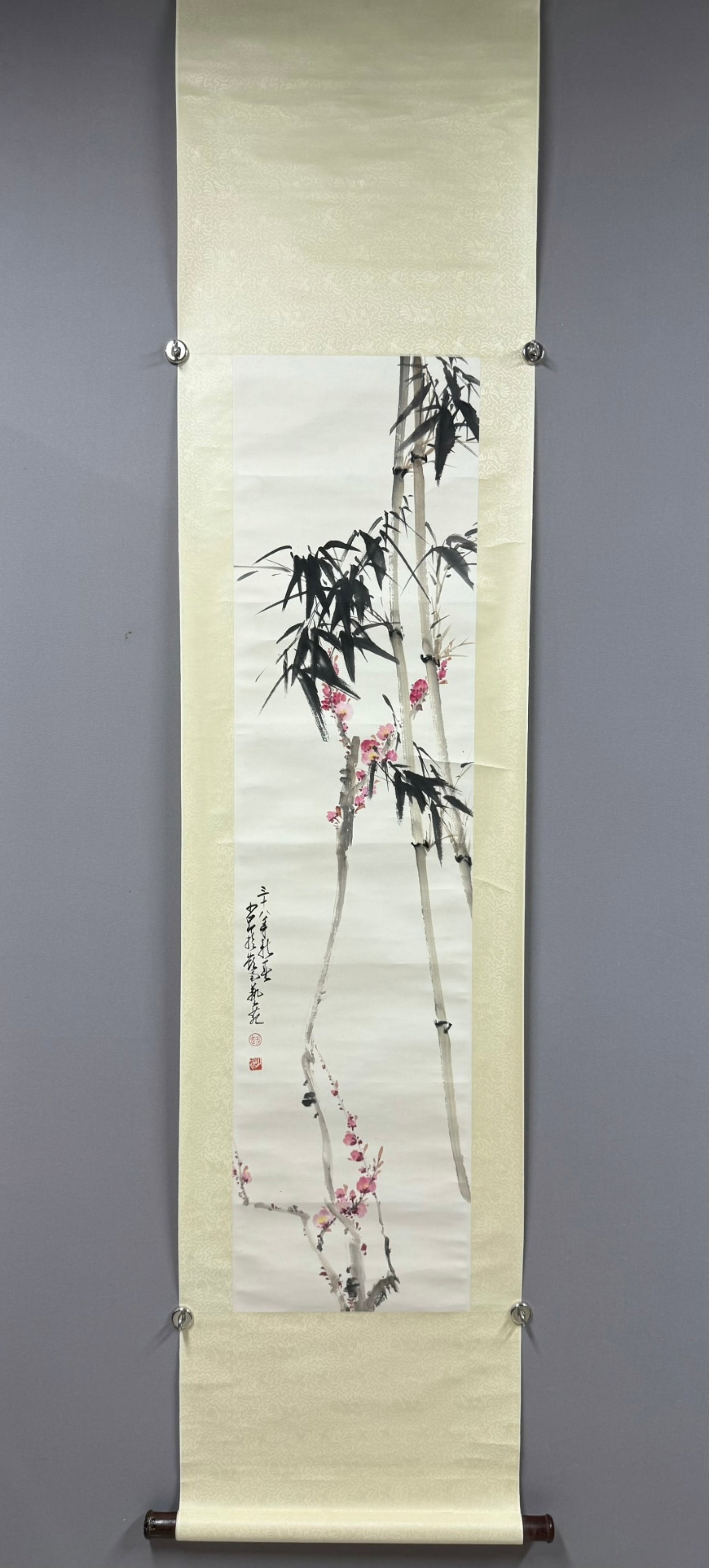 A Chinese Vertical Scroll Ink Painting of Plum Blossom and Bamboo on Paper,Zhao Shaoang (1 of 7)