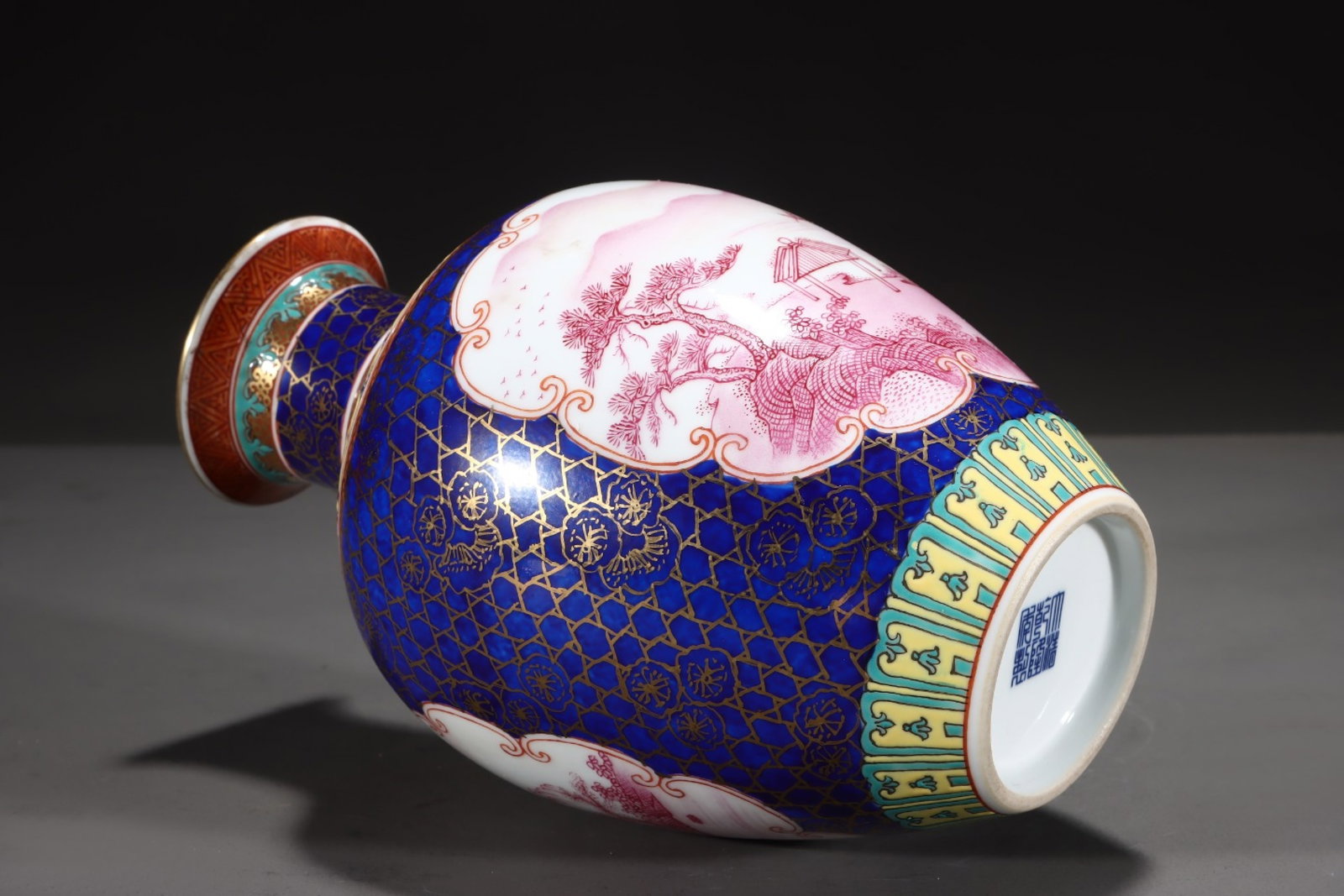 An Exquisite Famille-Rose Blue Glazed Iron-Red Painted Gold Landscape Pattern Vase - 7