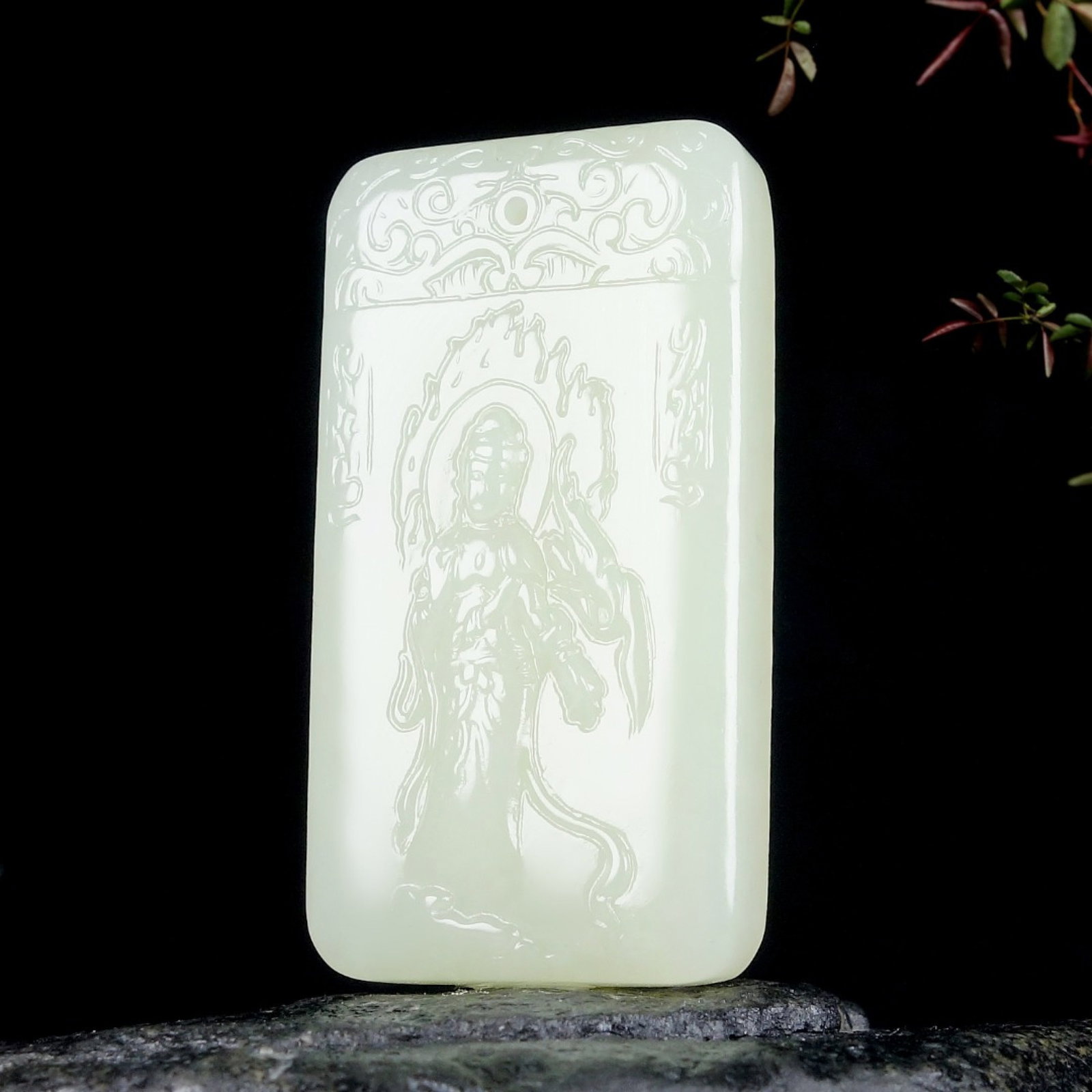 An Exquisite White Jade Statue of Avalokitesvara Pendant - 3