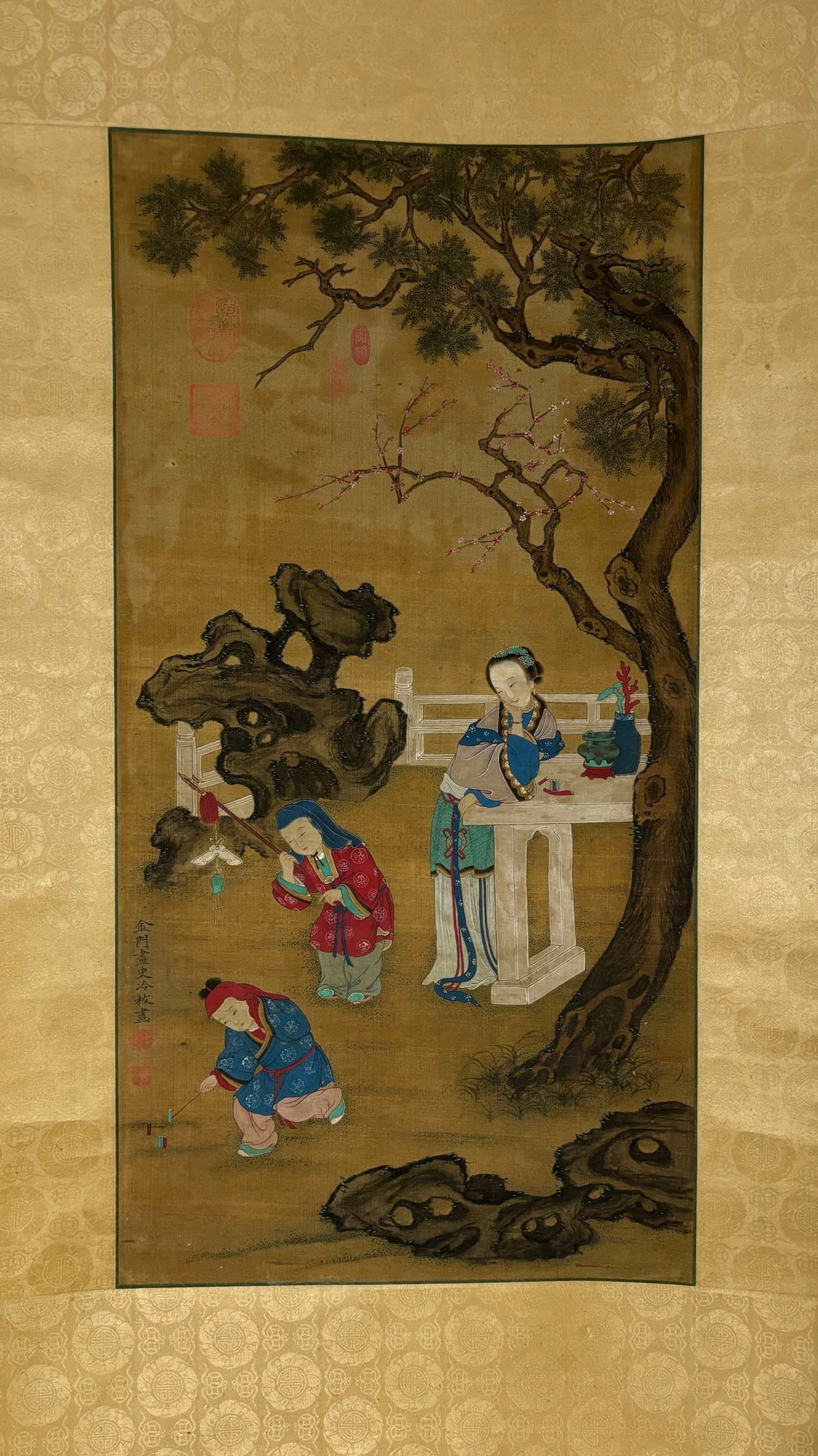 A Chinese Vertical Scroll Ink Painting of Character and Story on Silk,Leng Mei - 2