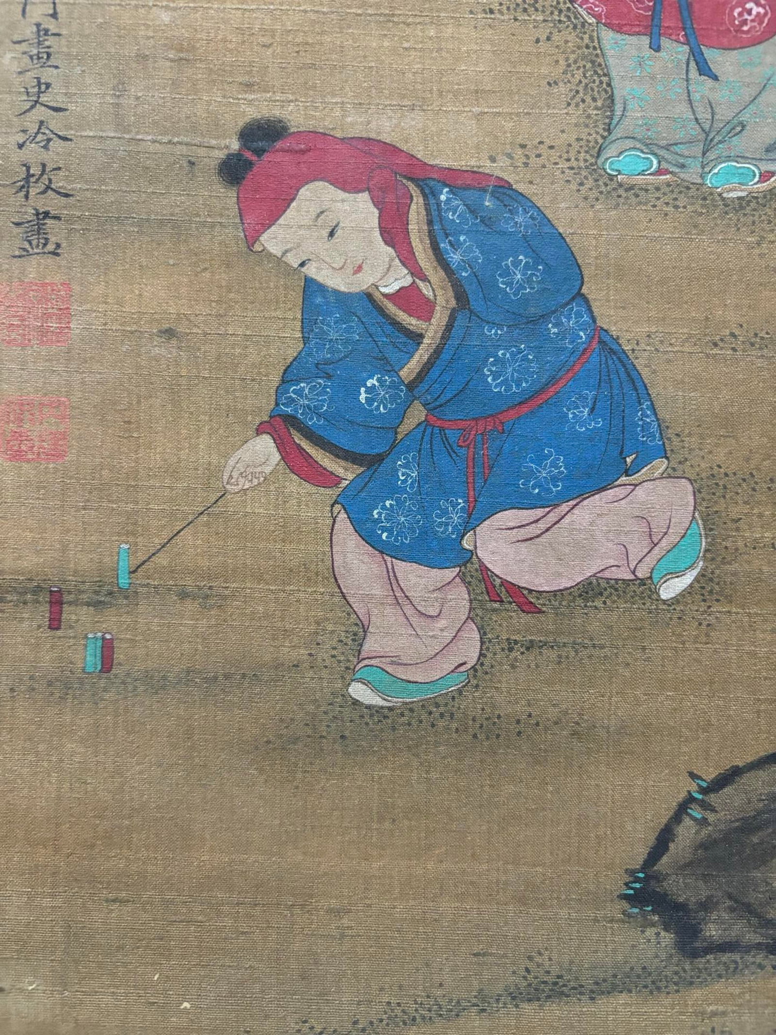 A Chinese Vertical Scroll Ink Painting of Character and Story on Silk,Leng Mei - 7