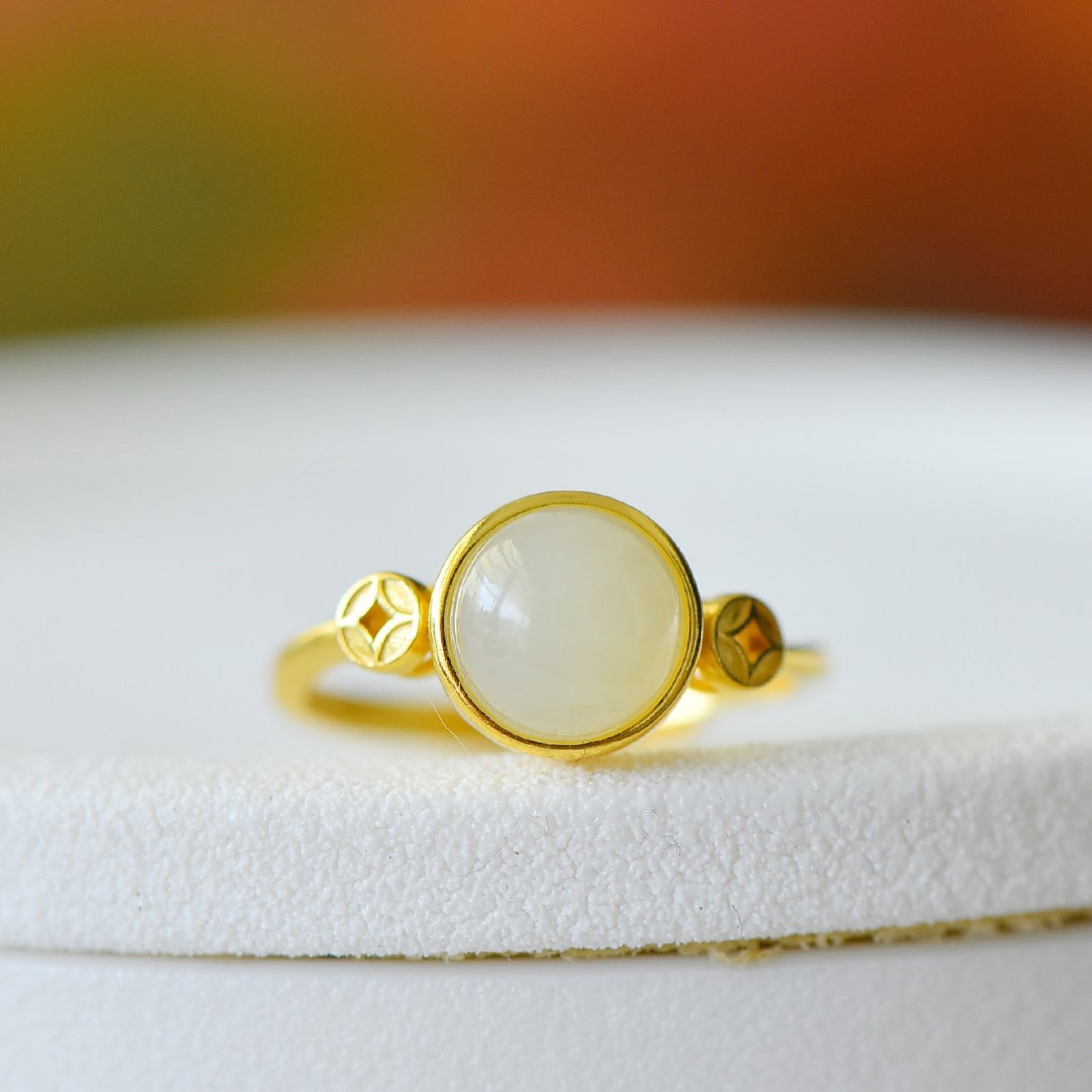 An Exquisite Sterling Silver-Gold Plated Inlaid White Jade Ring - 2