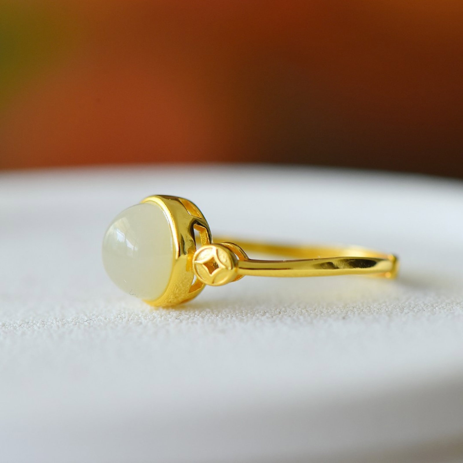 An Exquisite Sterling Silver-Gold Plated Inlaid White Jade Ring - 4