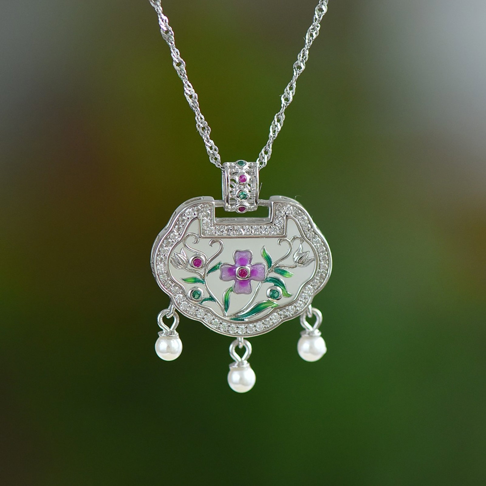 An Exquisite Sterling Silver Inlaid White Jade Pendant,Inlaid Pearls - 4