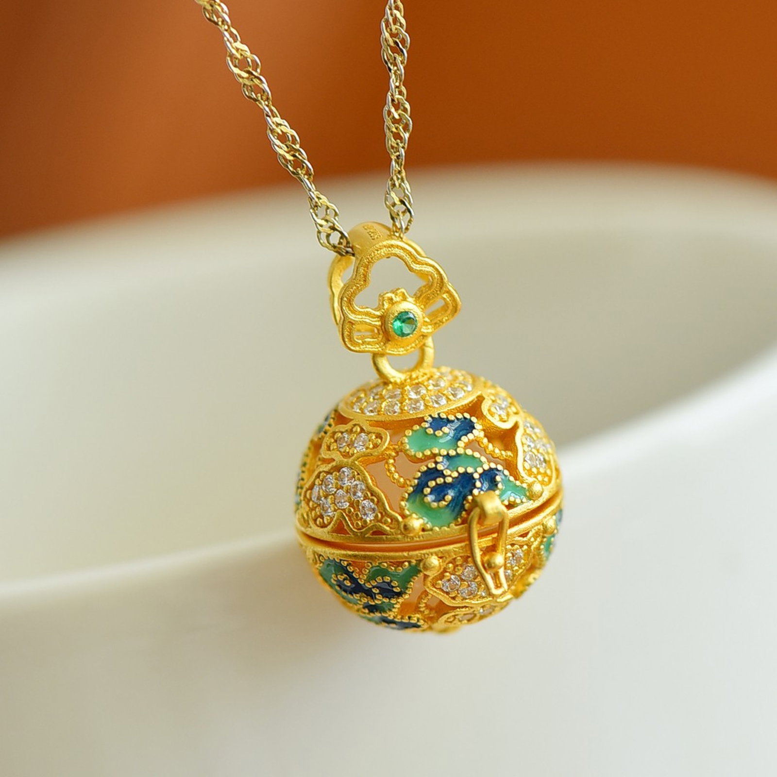 An Exquisite Sterling Silver-Gold Plated Inlaid White Jade Enamel Pendant - 2