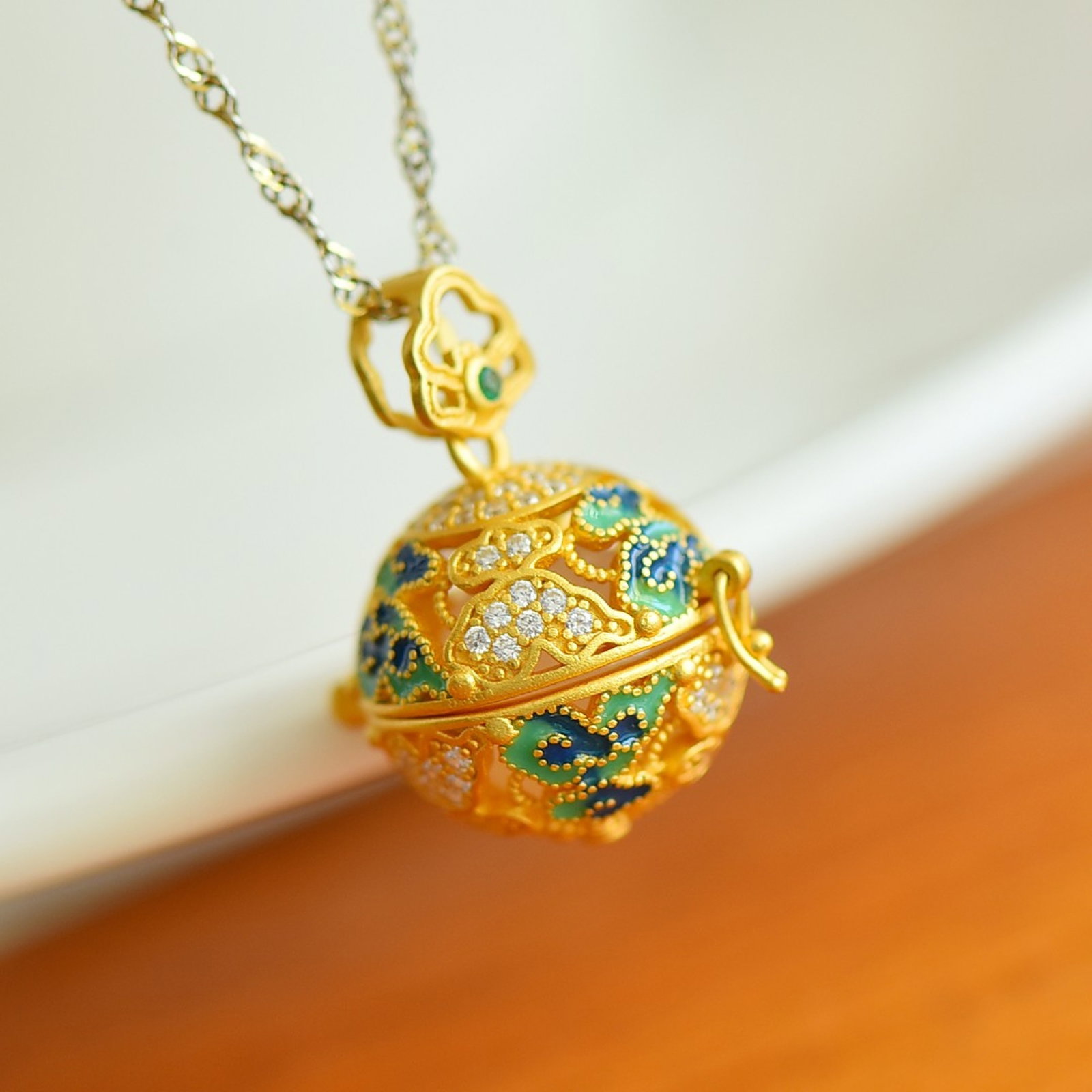 An Exquisite Sterling Silver-Gold Plated Inlaid White Jade Enamel Pendant - 3