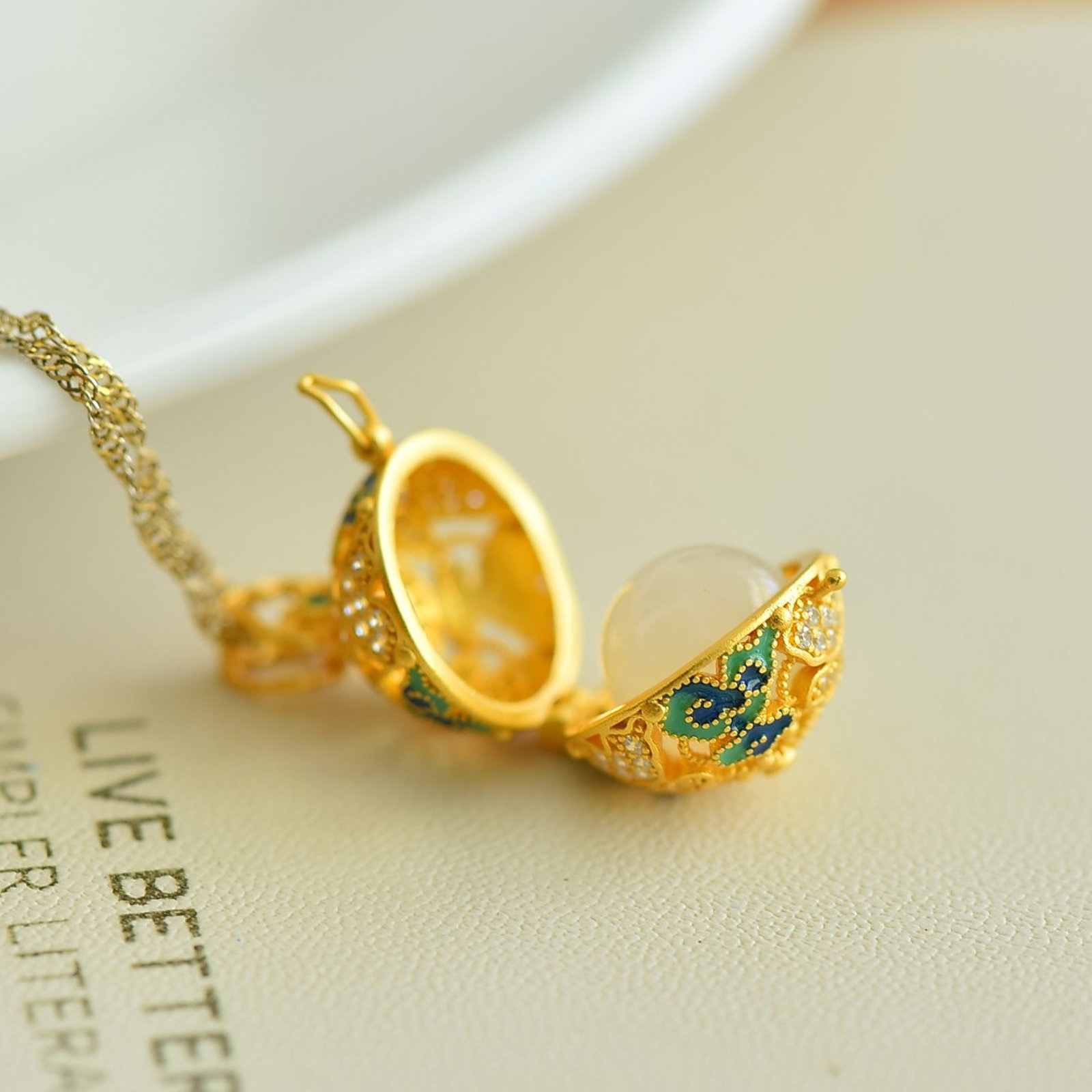 An Exquisite Sterling Silver-Gold Plated Inlaid White Jade Enamel Pendant - 5
