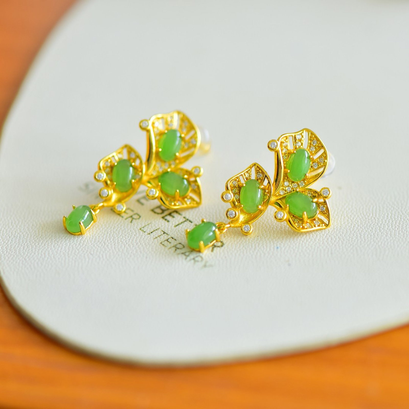 A Pair of Exquisite Sterling Silver-Gold Plated Inlaid Jasper Earrings,Inlaid Diamonds - 3