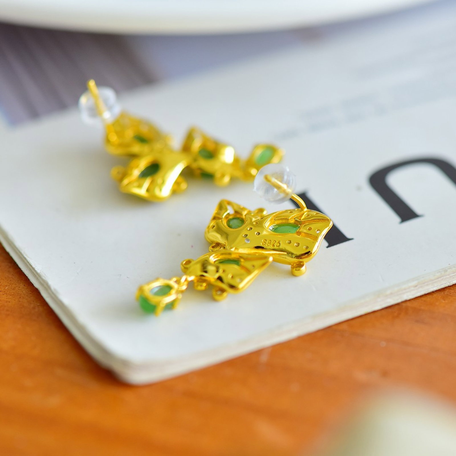 A Pair of Exquisite Sterling Silver-Gold Plated Inlaid Jasper Earrings,Inlaid Diamonds - 5