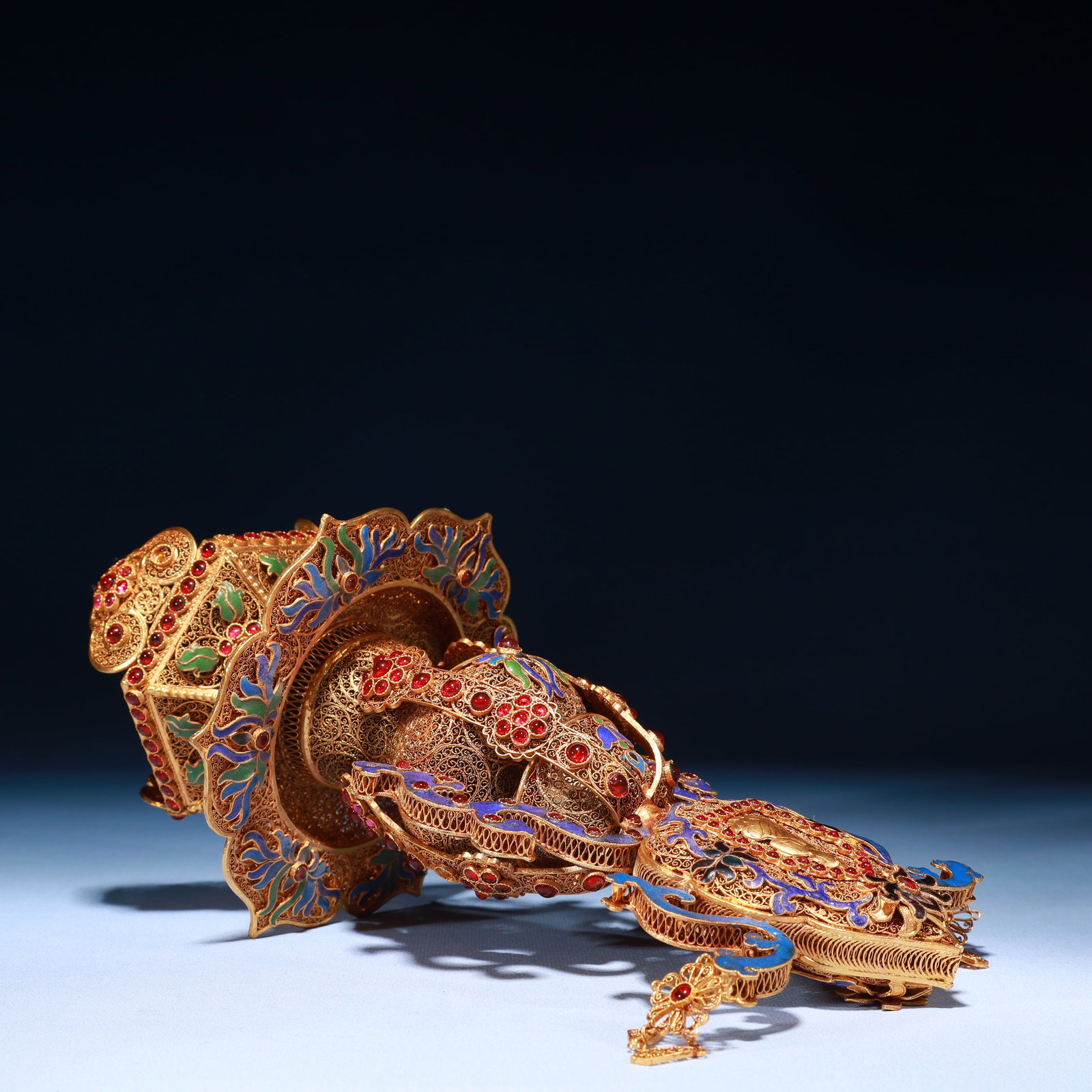 An Exquisite Filigree and Gilding Lotus Pattern Double-Ears and Tripod Ornament,Inlaid Gems - 10