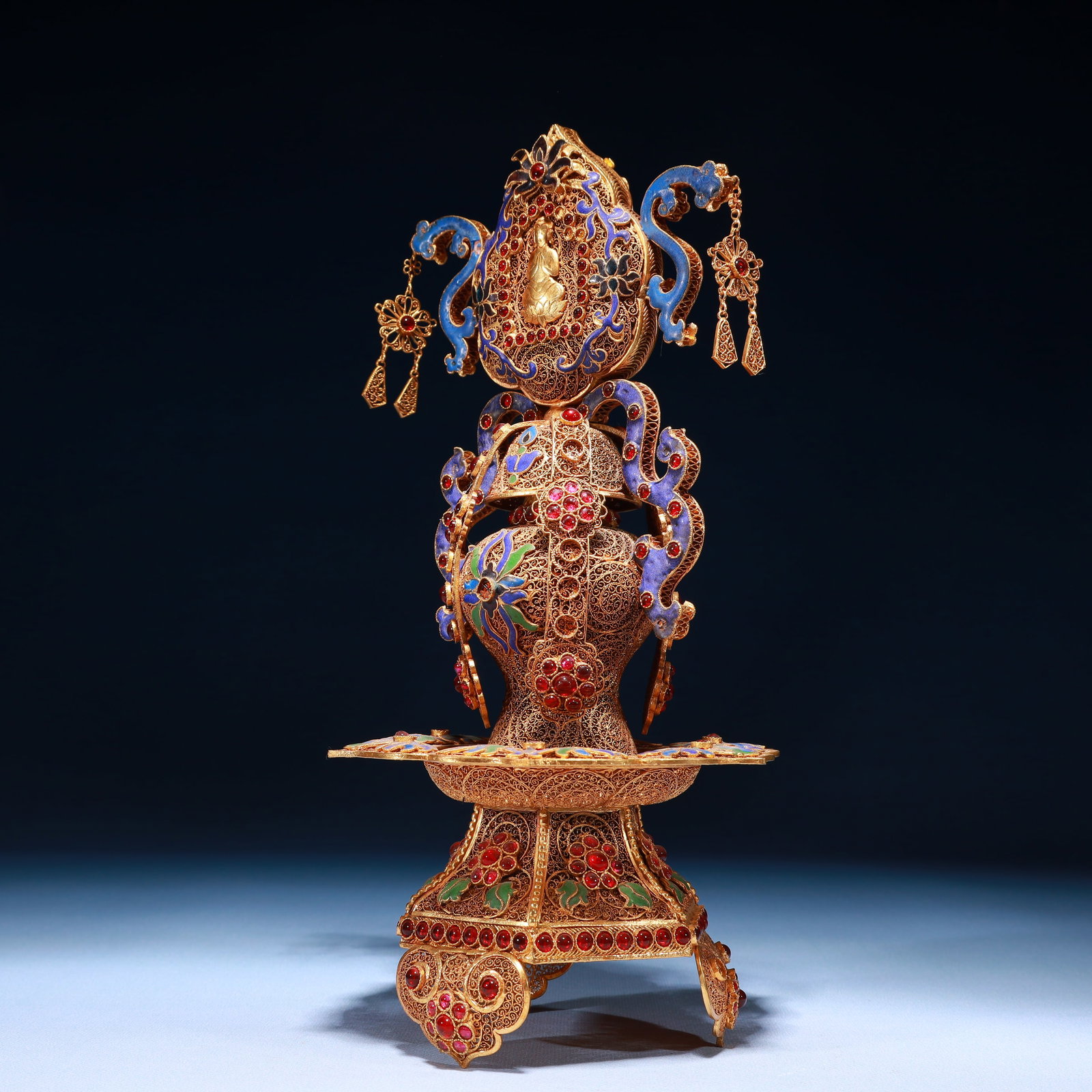 An Exquisite Filigree and Gilding Lotus Pattern Double-Ears and Tripod Ornament,Inlaid Gems - 4