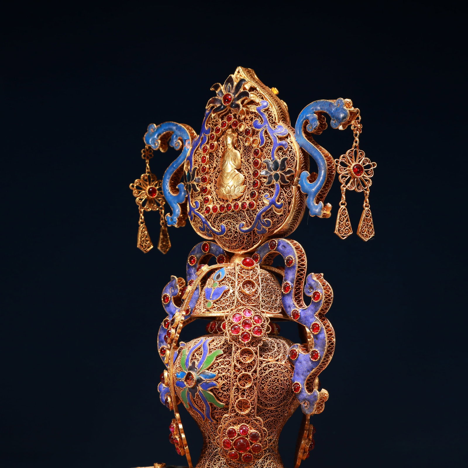An Exquisite Filigree and Gilding Lotus Pattern Double-Ears and Tripod Ornament,Inlaid Gems - 5