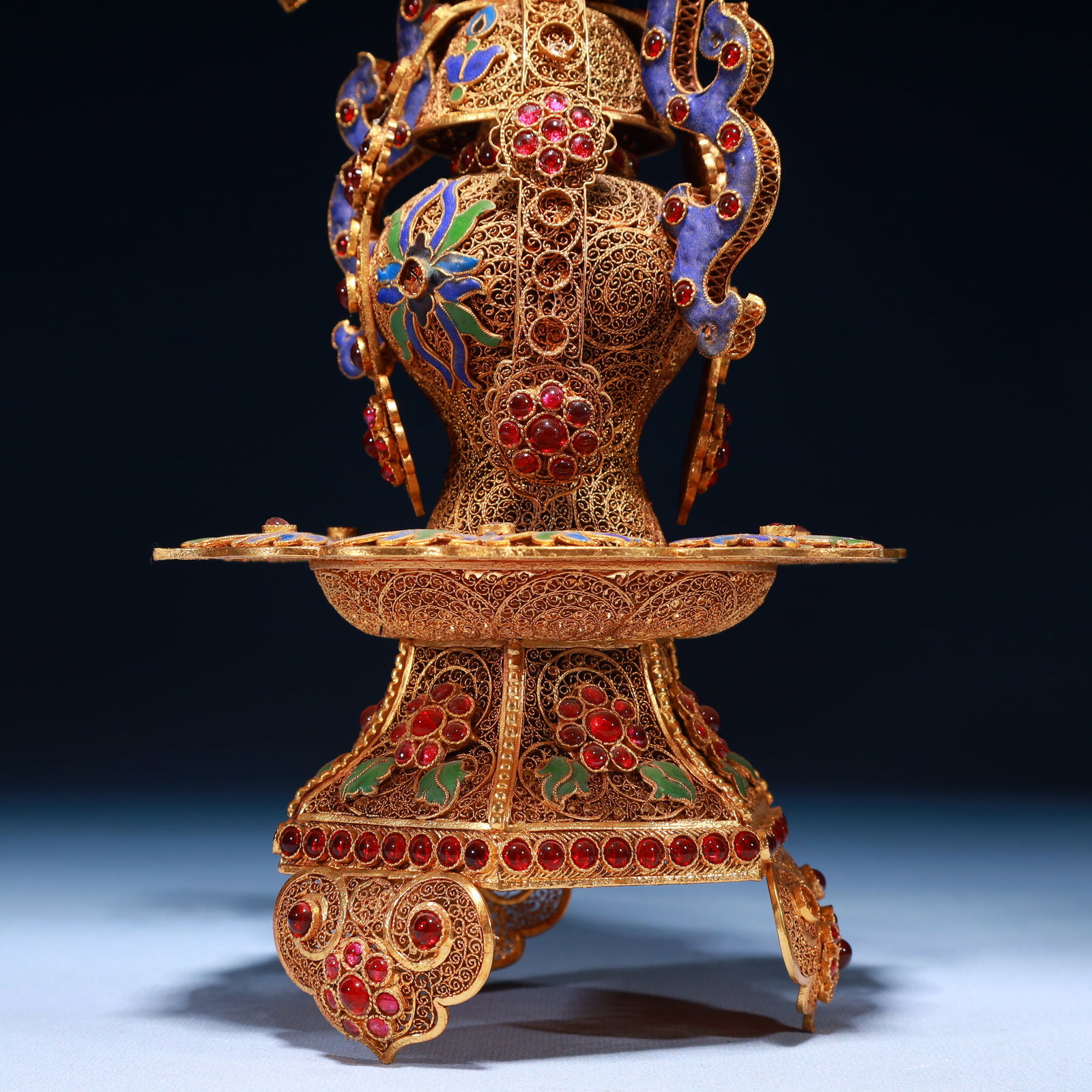 An Exquisite Filigree and Gilding Lotus Pattern Double-Ears and Tripod Ornament,Inlaid Gems - 6