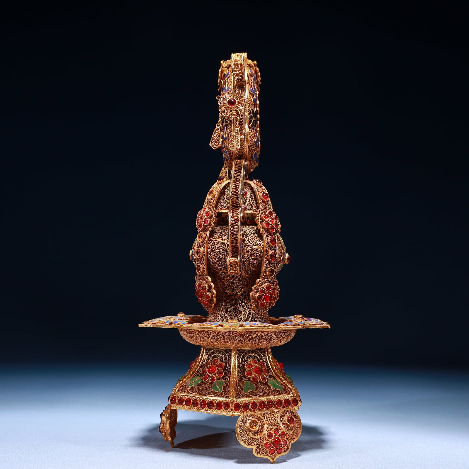 An Exquisite Filigree and Gilding Lotus Pattern Double-Ears and Tripod Ornament,Inlaid Gems - 7