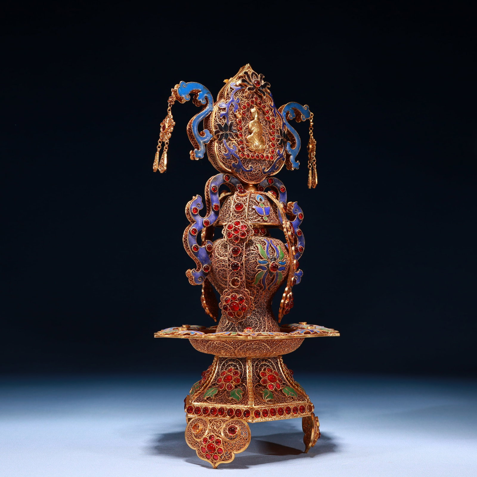 An Exquisite Filigree and Gilding Lotus Pattern Double-Ears and Tripod Ornament,Inlaid Gems - 8