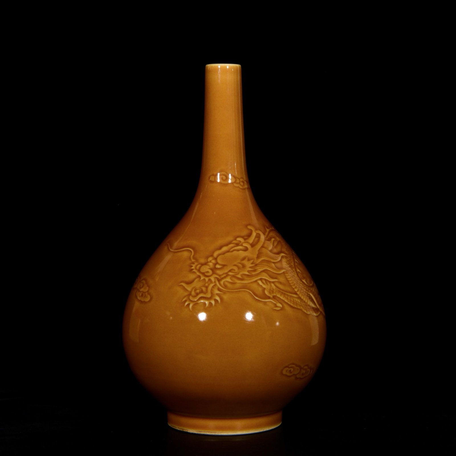 A Rare Yellow Glazed Auspicious Cloud and Dragon Pattern Vase: Estimated Value:2400-4800 A Rare Yellow Glazed Auspicious Cloud and Dragon Pattern Vase,Qing Dynasty, China,Kangxi Six-character Mark,Size:13.4inx7.9in 黄釉祥云龙纹