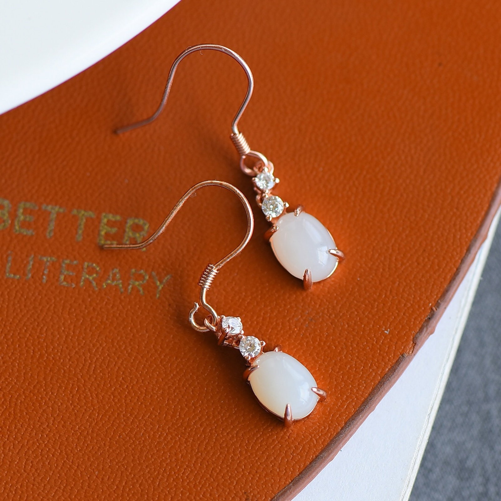 A Pair of Exquisite Sterling Silver-Gold Plated Inlaid White Jade Earrings - 3