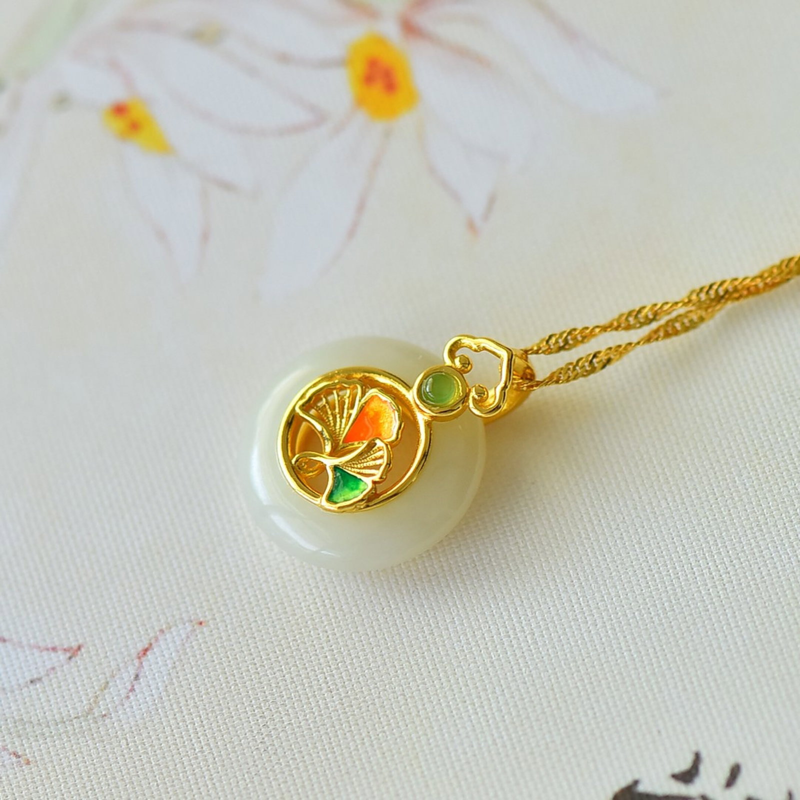An Exquisite Sterling Silver-Gold Plated Inlaid White Jade Pendant - 4