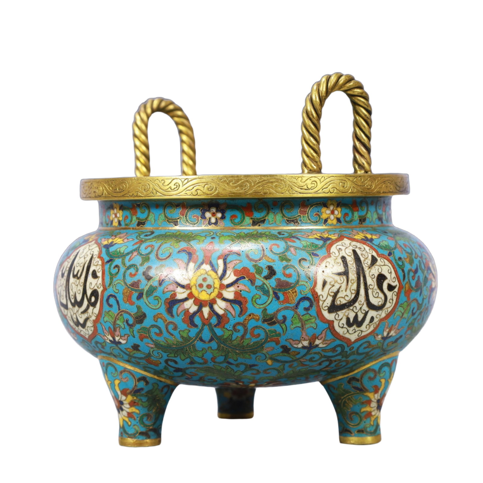 An Exquisite Cloisonne Lotus Pattern Double-Ears and Tripod Censer,With Scriptures - 3