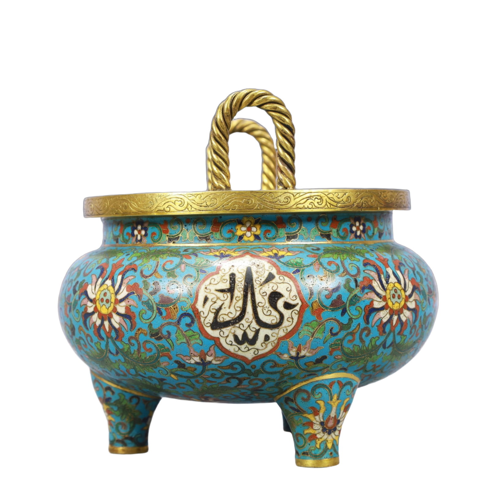 An Exquisite Cloisonne Lotus Pattern Double-Ears and Tripod Censer,With Scriptures - 4