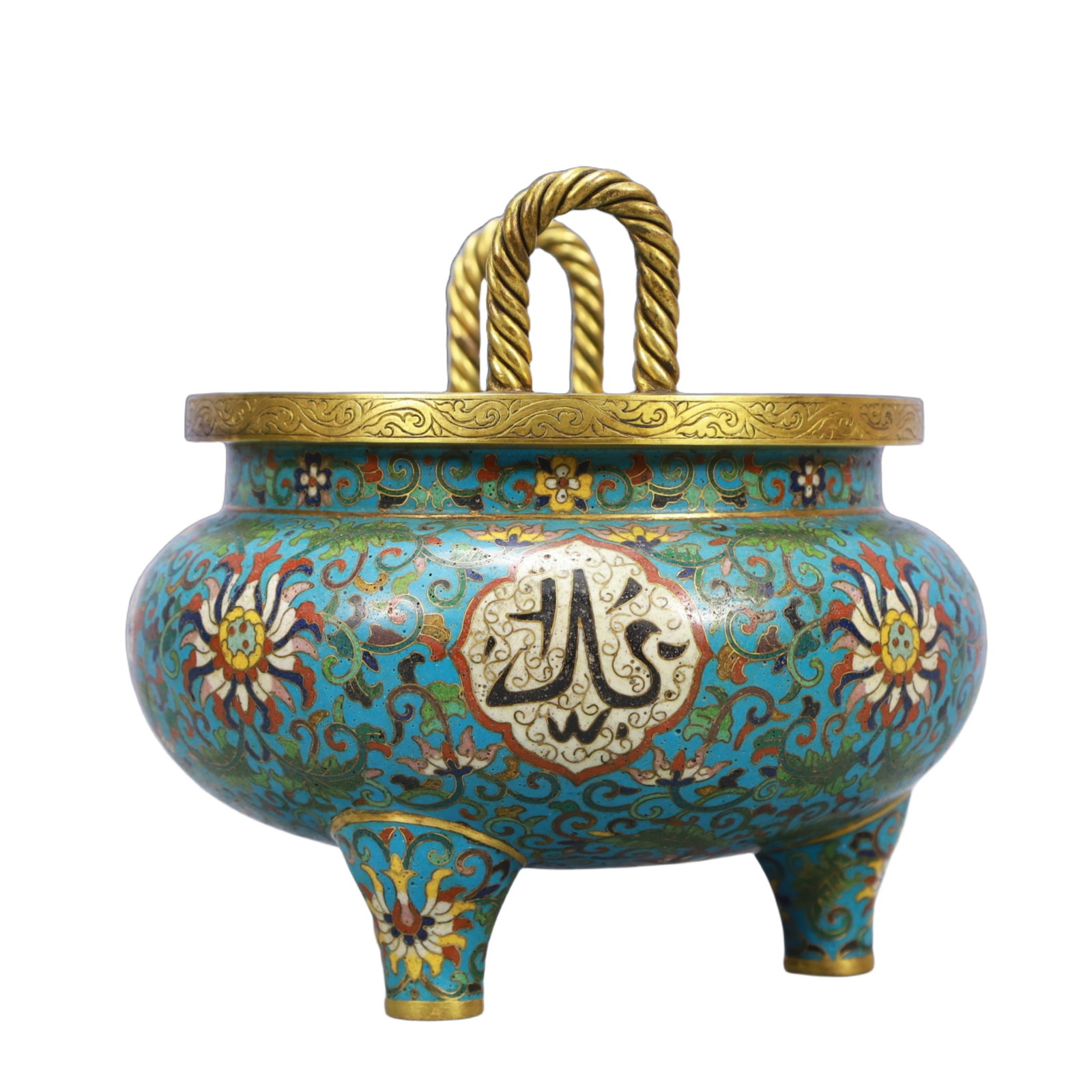 An Exquisite Cloisonne Lotus Pattern Double-Ears and Tripod Censer,With Scriptures - 7