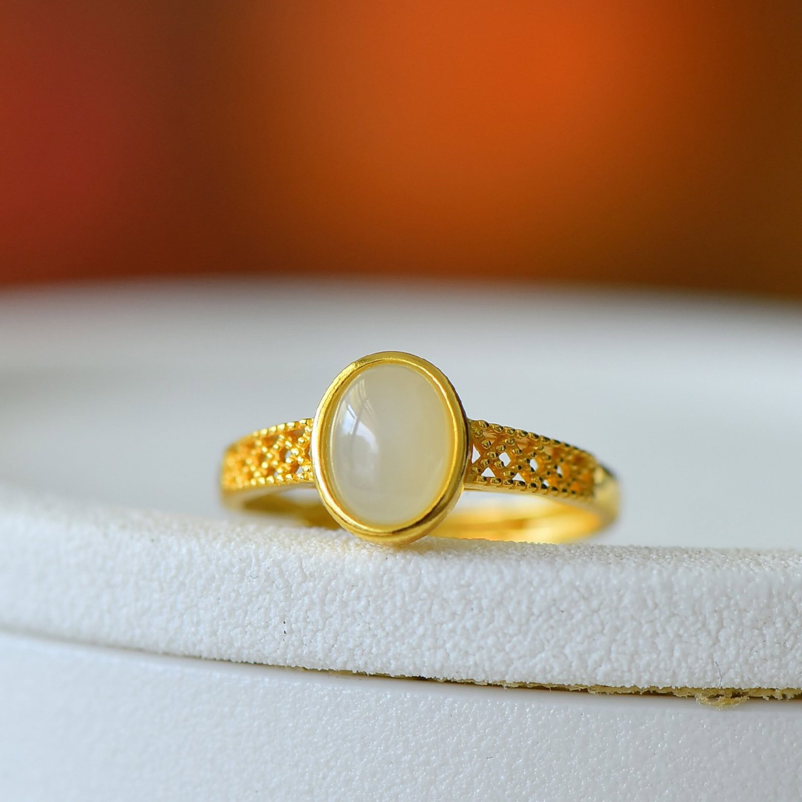 An Exquisite Sterling Silver-Gold Plated Inlaid White Jade Ring - 2