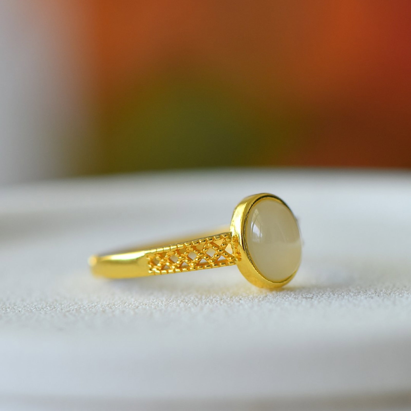 An Exquisite Sterling Silver-Gold Plated Inlaid White Jade Ring - 4