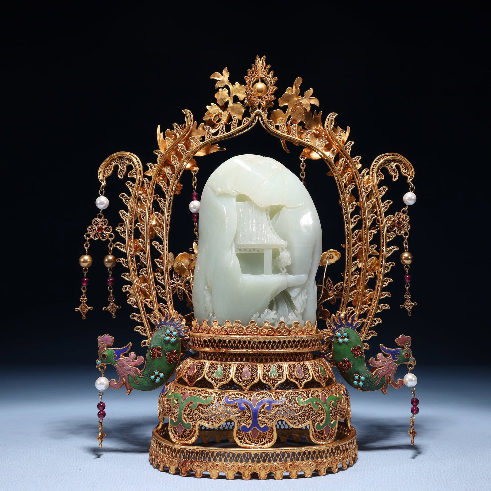 An Exquisite Filigree and Gilding Inlaid White Jade Landscape Pattern Ornament,Inlaid Gems - 10