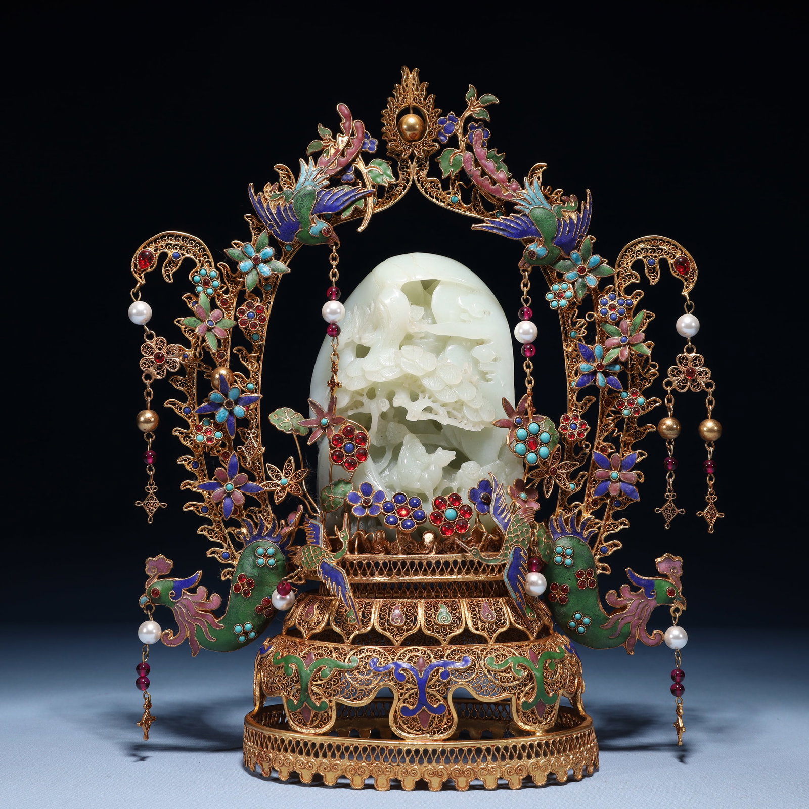 An Exquisite Filigree and Gilding Inlaid White Jade Landscape Pattern Ornament,Inlaid Gems - 2