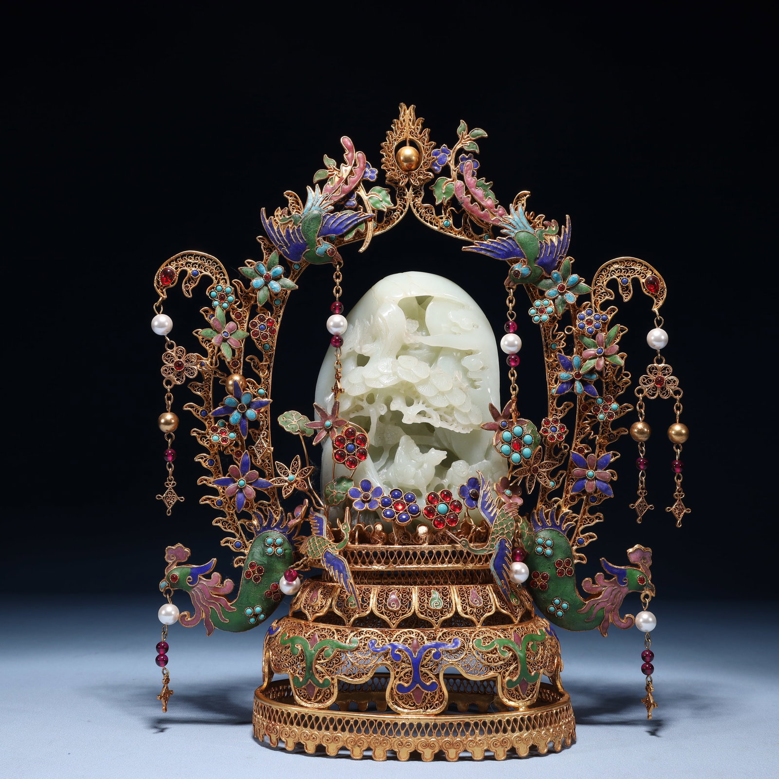 An Exquisite Filigree and Gilding Inlaid White Jade Landscape Pattern Ornament,Inlaid Gems - 3