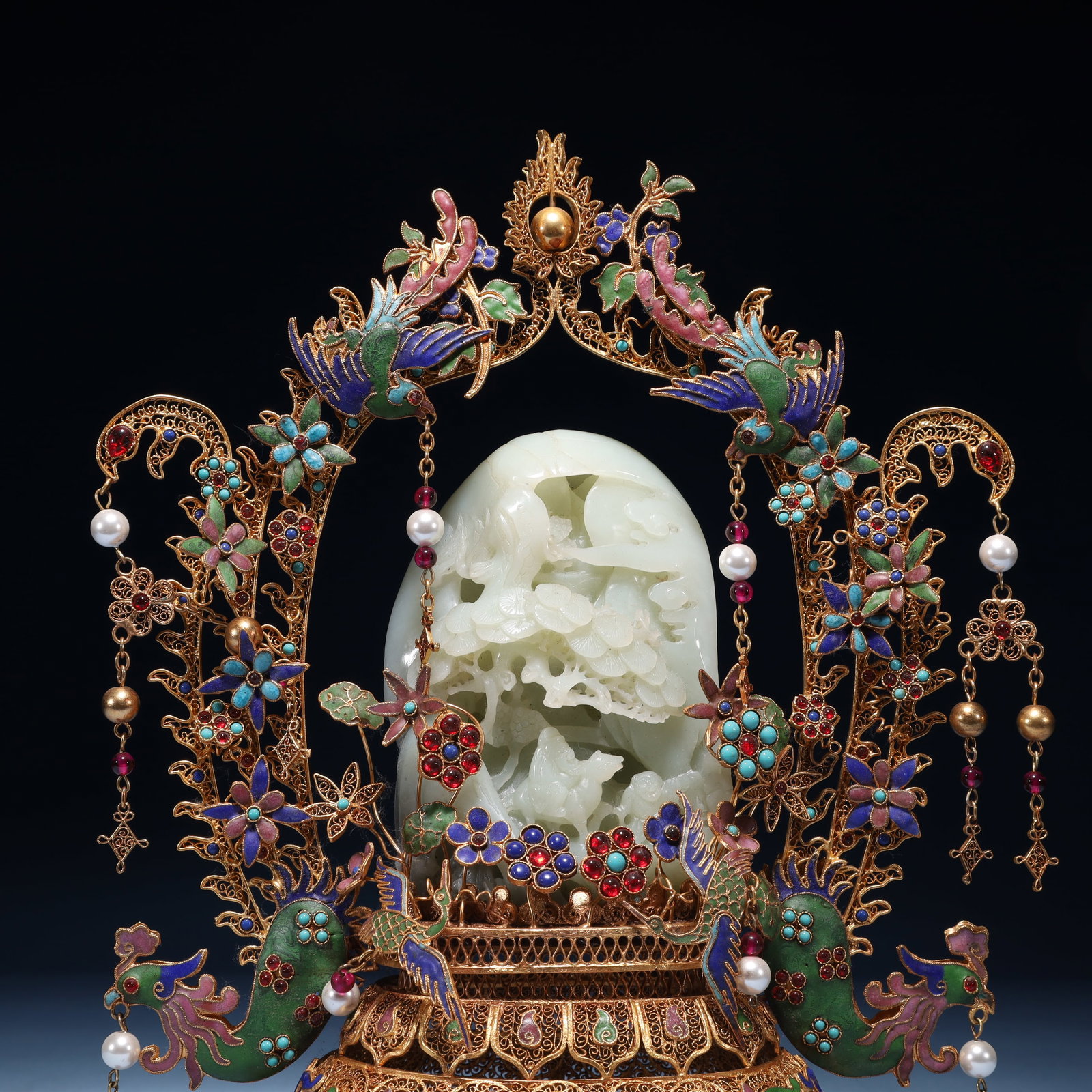 An Exquisite Filigree and Gilding Inlaid White Jade Landscape Pattern Ornament,Inlaid Gems - 4