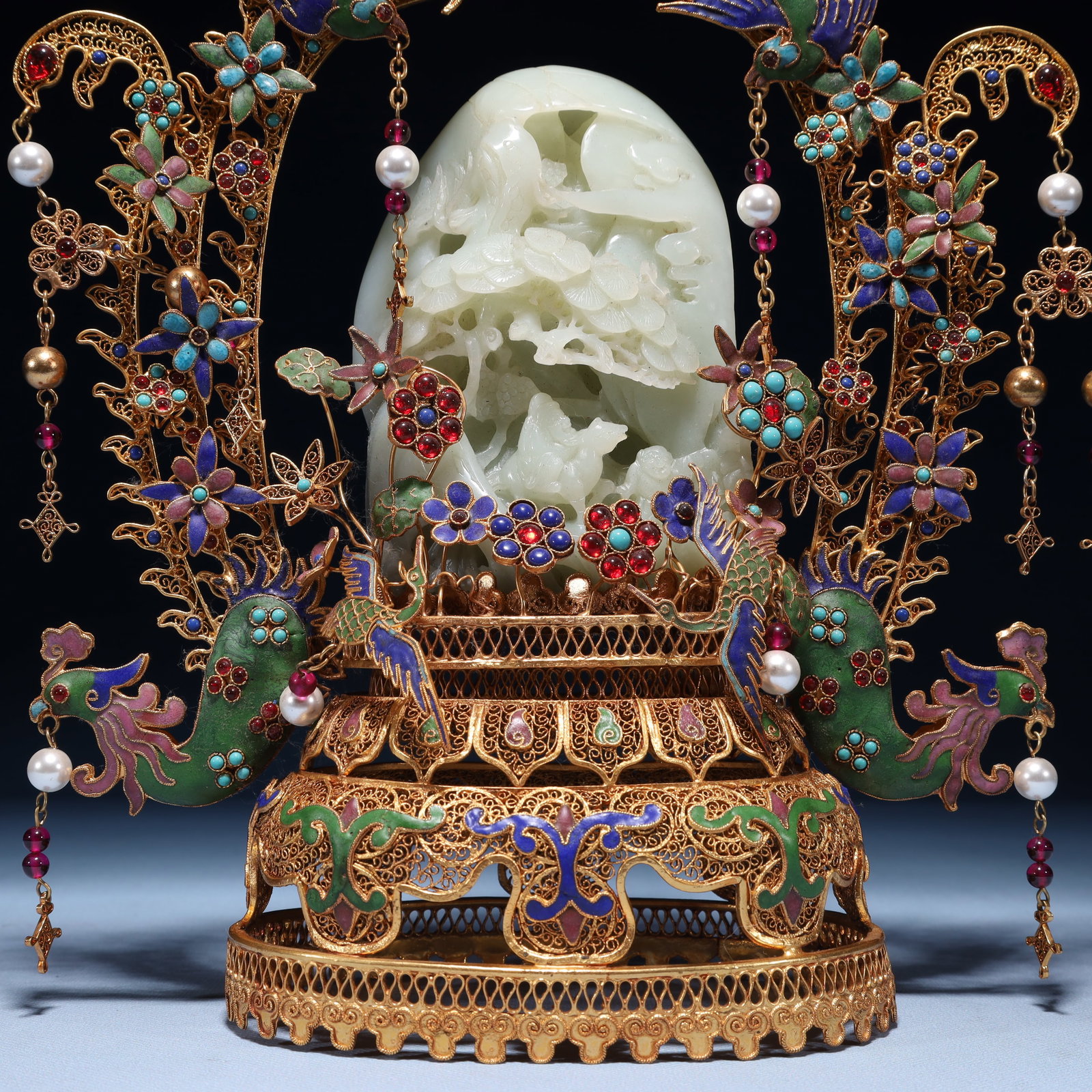 An Exquisite Filigree and Gilding Inlaid White Jade Landscape Pattern Ornament,Inlaid Gems - 5