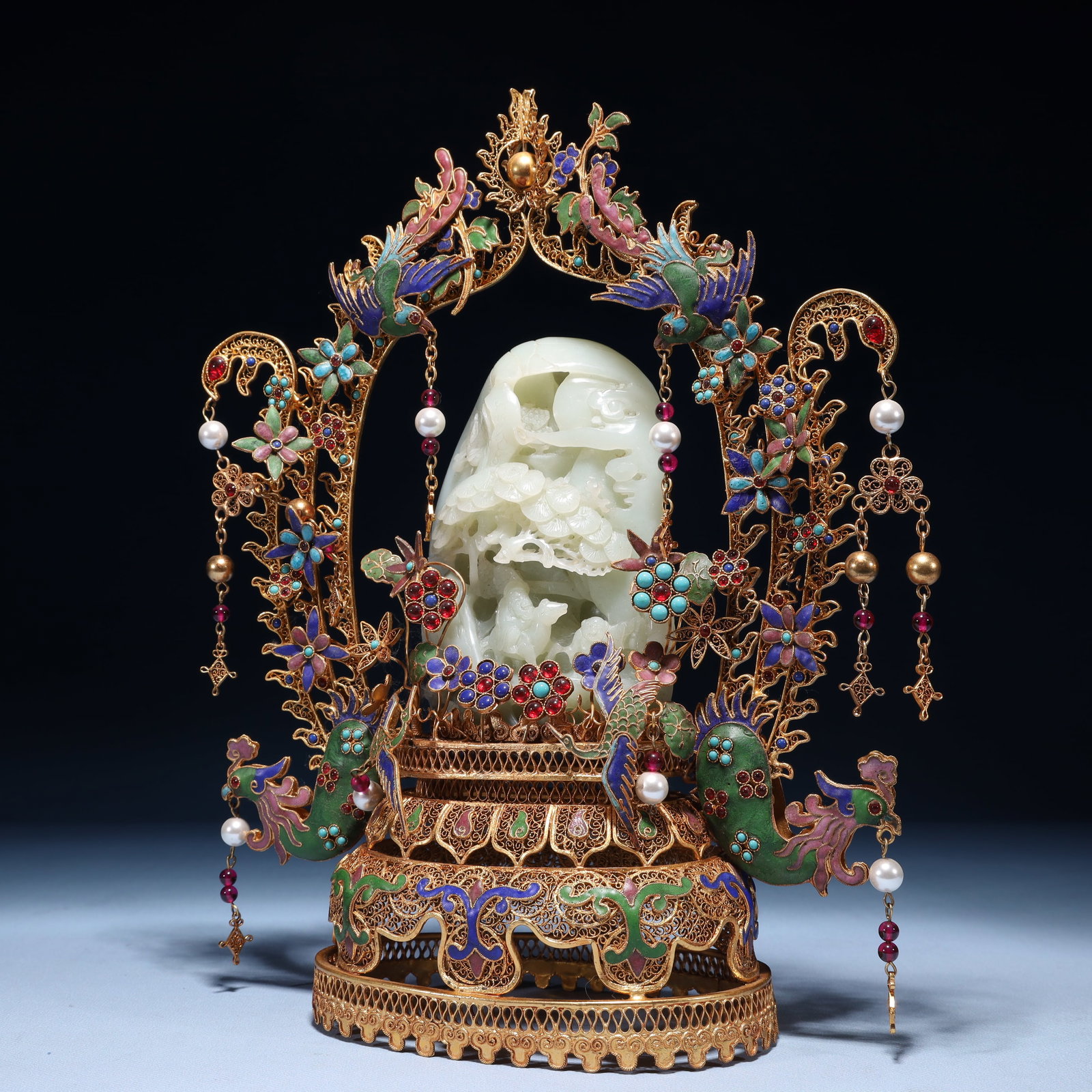 An Exquisite Filigree and Gilding Inlaid White Jade Landscape Pattern Ornament,Inlaid Gems - 6
