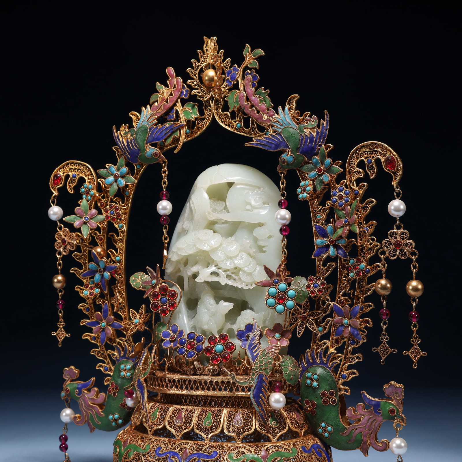 An Exquisite Filigree and Gilding Inlaid White Jade Landscape Pattern Ornament,Inlaid Gems - 7