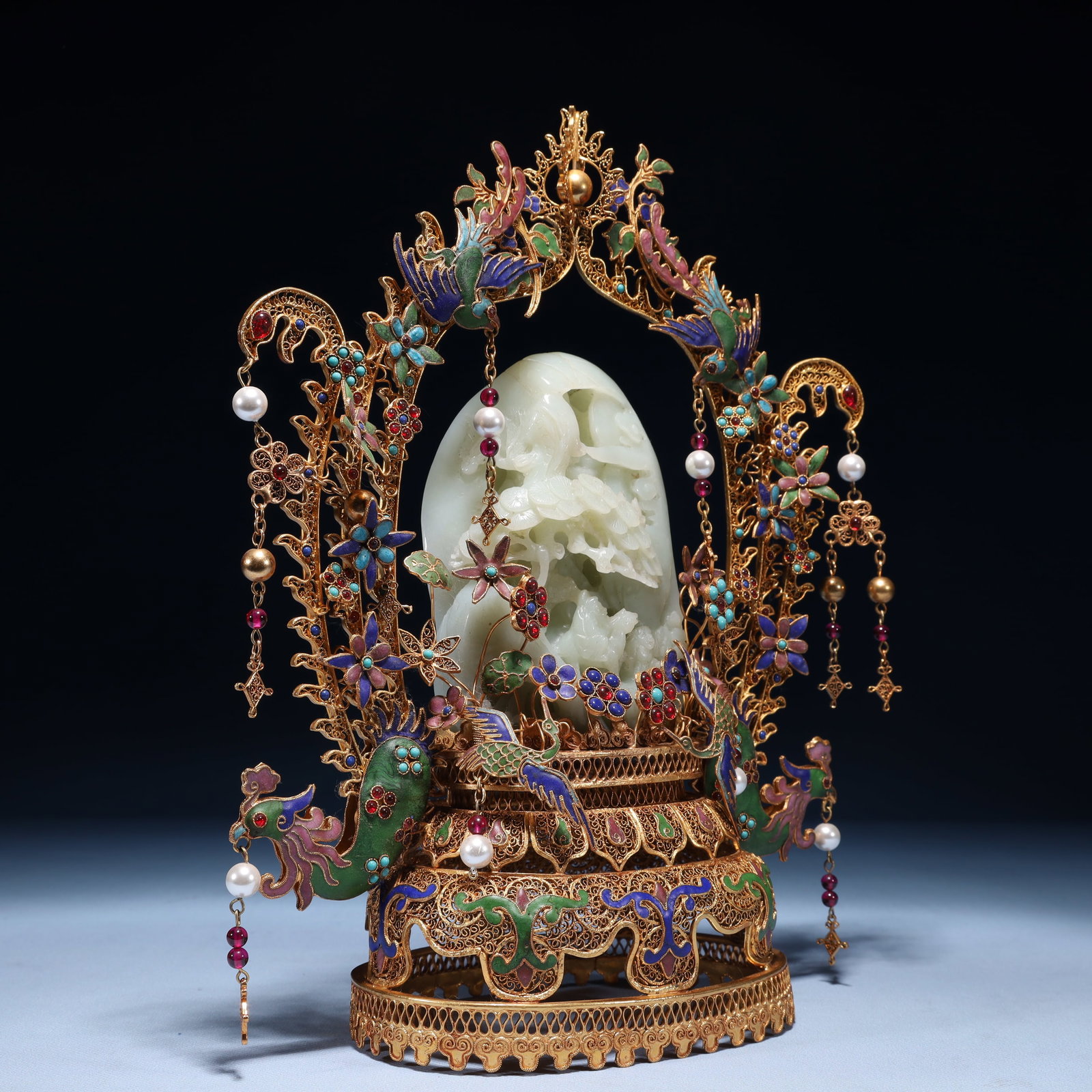An Exquisite Filigree and Gilding Inlaid White Jade Landscape Pattern Ornament,Inlaid Gems - 8