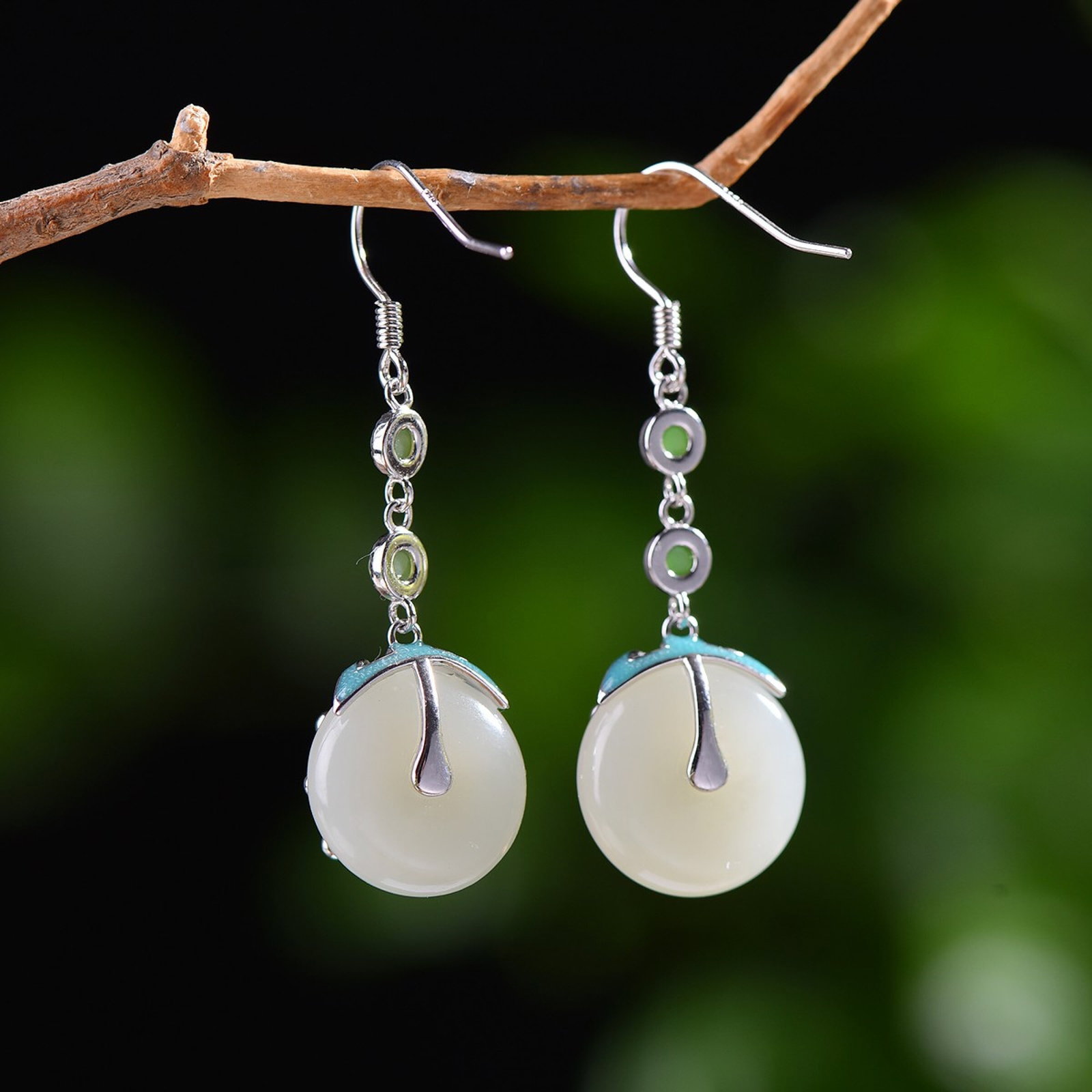 A Pair of Exquisite Sterling Silver Inlaid White Jade Enamel Earrings,Inlaid Pearls - 2