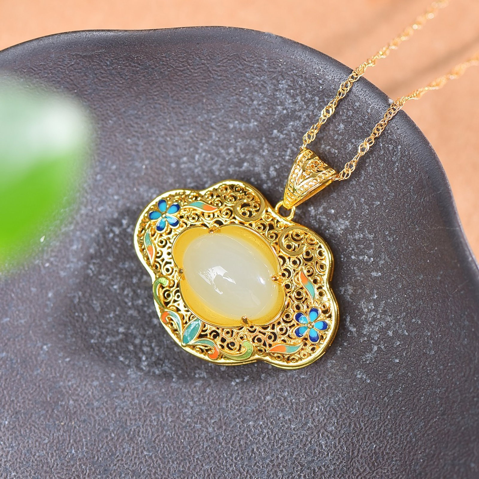 An Exquisite Sterling Silver-Gold Plated Inlaid White Jade Enamel Pendant - 2