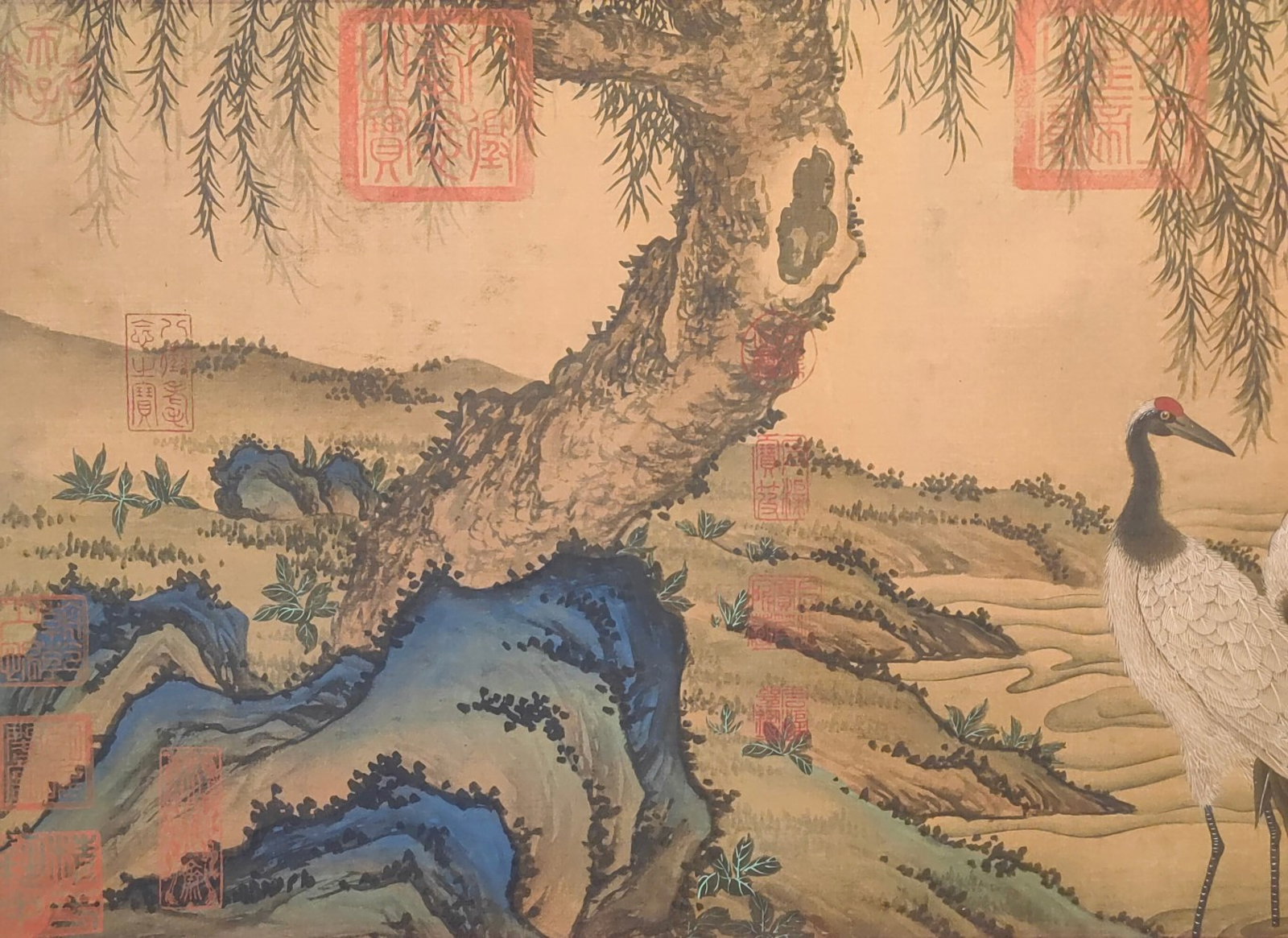 A Chinese Hand Scroll Ink Painting of Pine and Crane on Silk,Huang Quan - 6