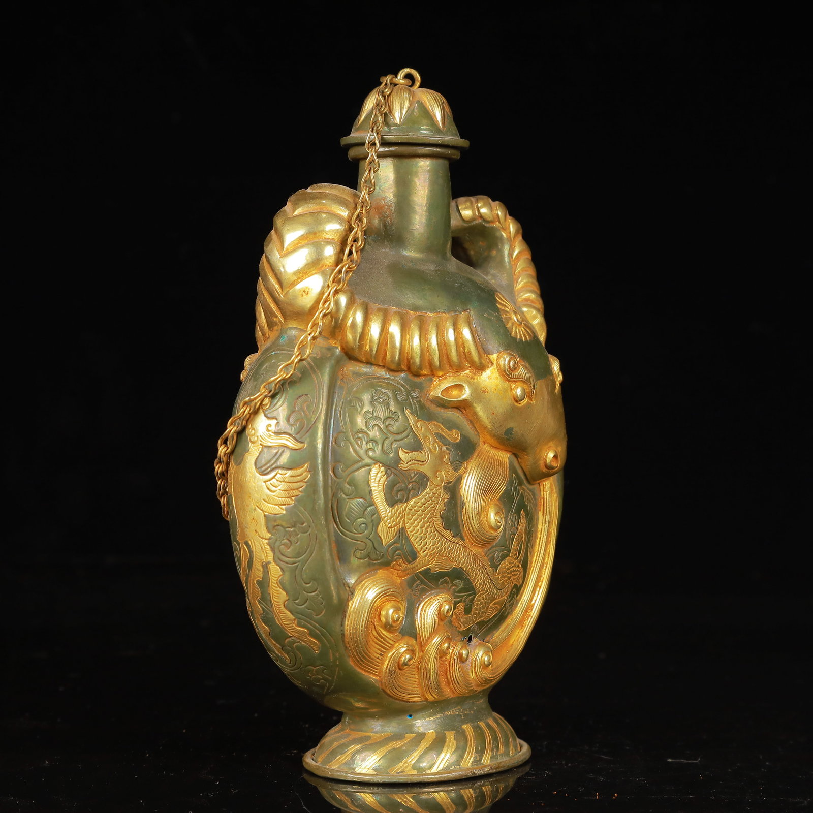 An Exquisite Gilt Silver Dragon and Phoenix Pattern Double-Ears Pot - 6