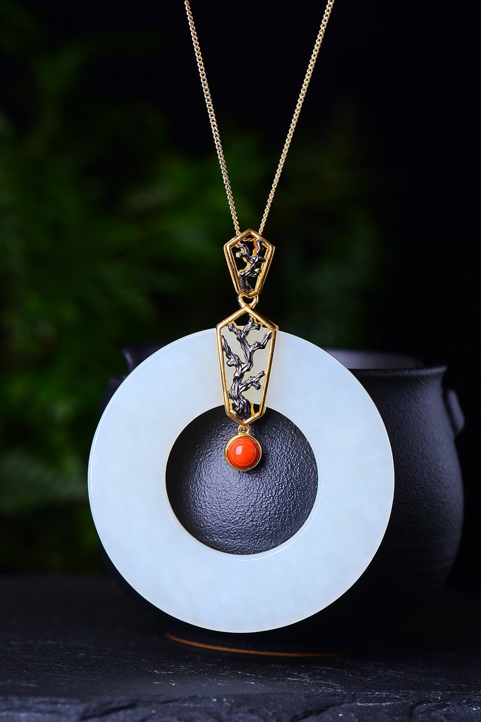 An Exquisite Sterling Silver-Gold Plated Inlaid White Jade Pendant - 2