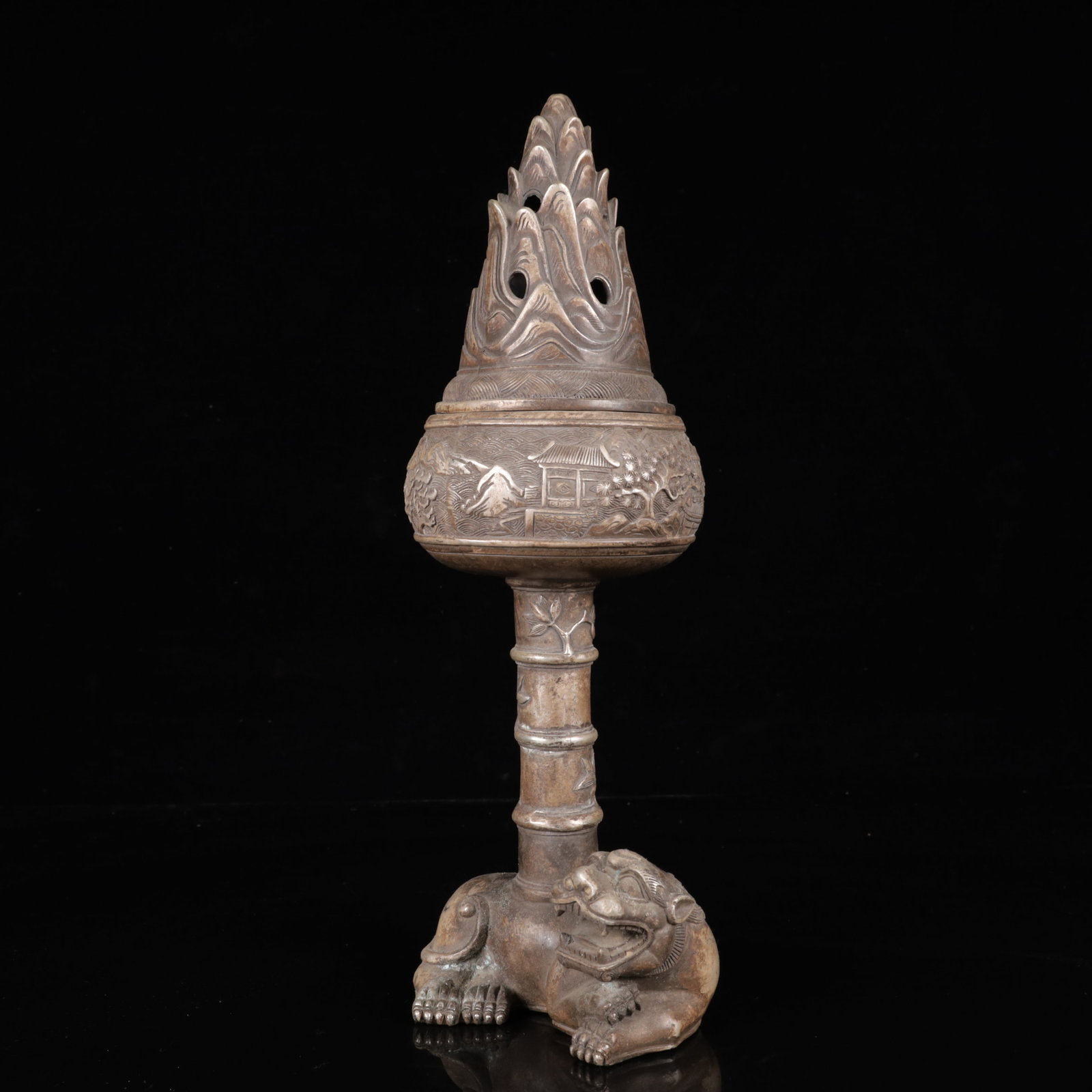 A Pair of Exquisite Silver-Plated Bronze Landscape Pattern Auspicious Beast Censers - 11
