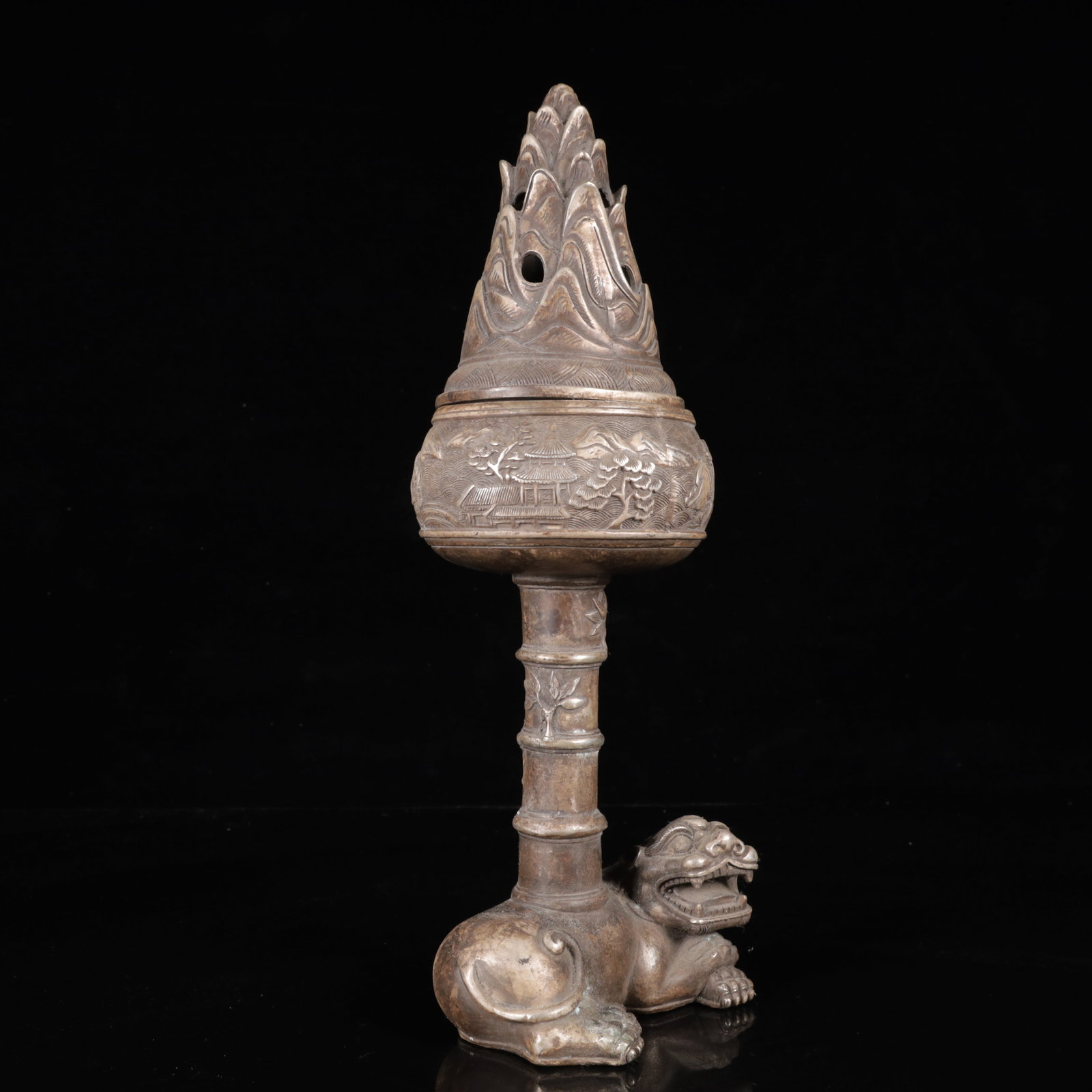 A Pair of Exquisite Silver-Plated Bronze Landscape Pattern Auspicious Beast Censers - 14