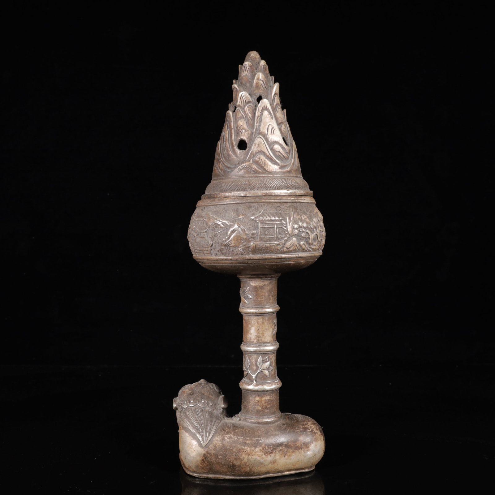 A Pair of Exquisite Silver-Plated Bronze Landscape Pattern Auspicious Beast Censers - 17