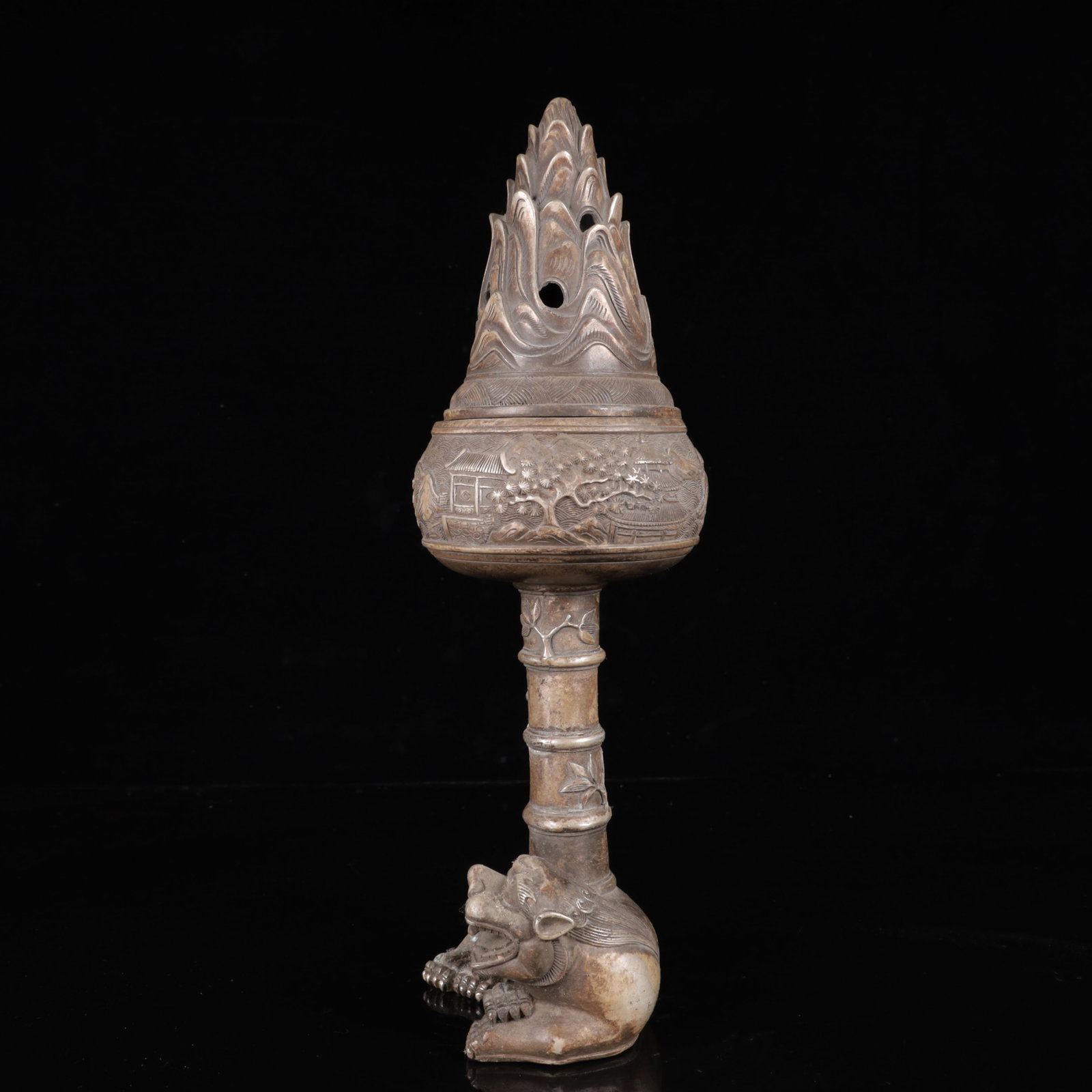 A Pair of Exquisite Silver-Plated Bronze Landscape Pattern Auspicious Beast Censers - 18