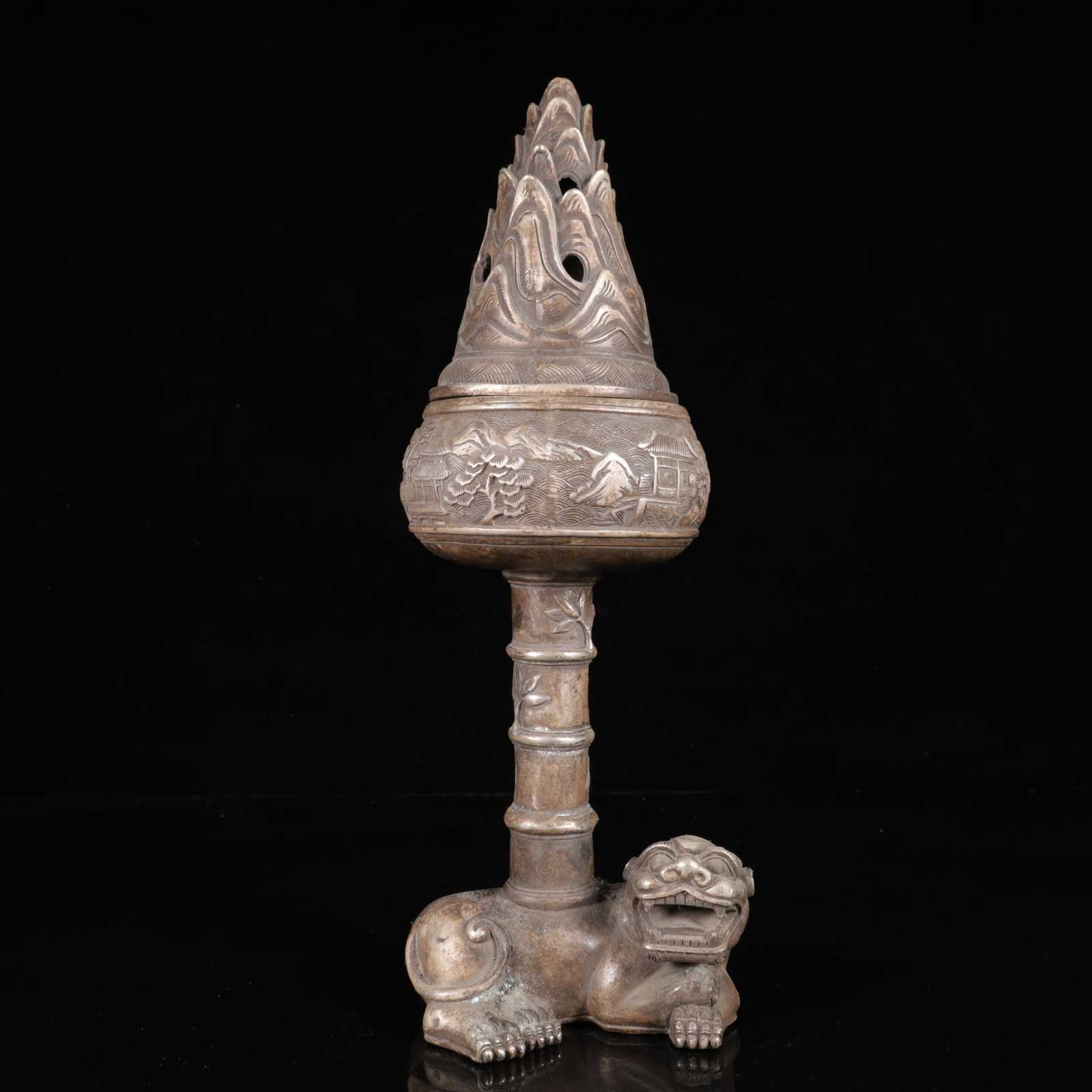 A Pair of Exquisite Silver-Plated Bronze Landscape Pattern Auspicious Beast Censers - 19