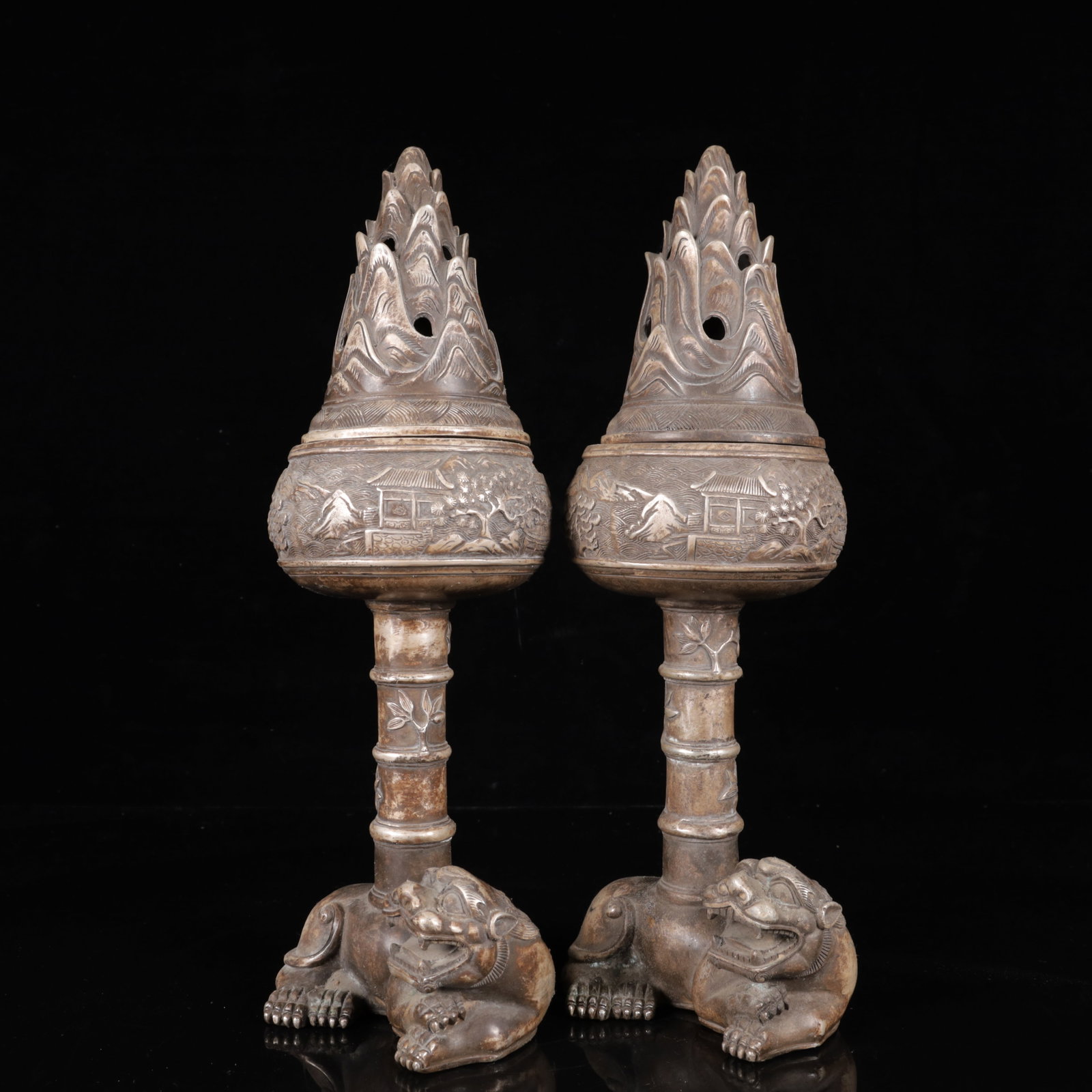 A Pair of Exquisite Silver-Plated Bronze Landscape Pattern Auspicious Beast Censers - 2