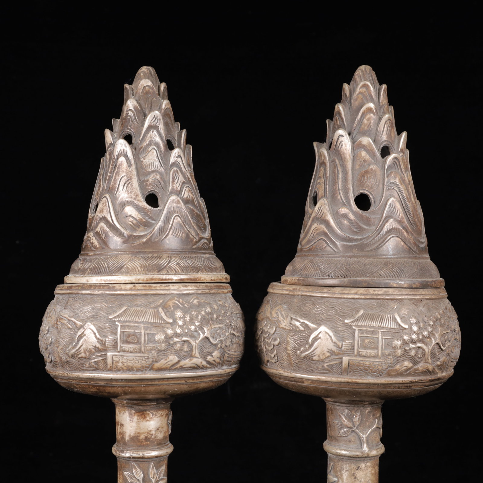 A Pair of Exquisite Silver-Plated Bronze Landscape Pattern Auspicious Beast Censers - 3
