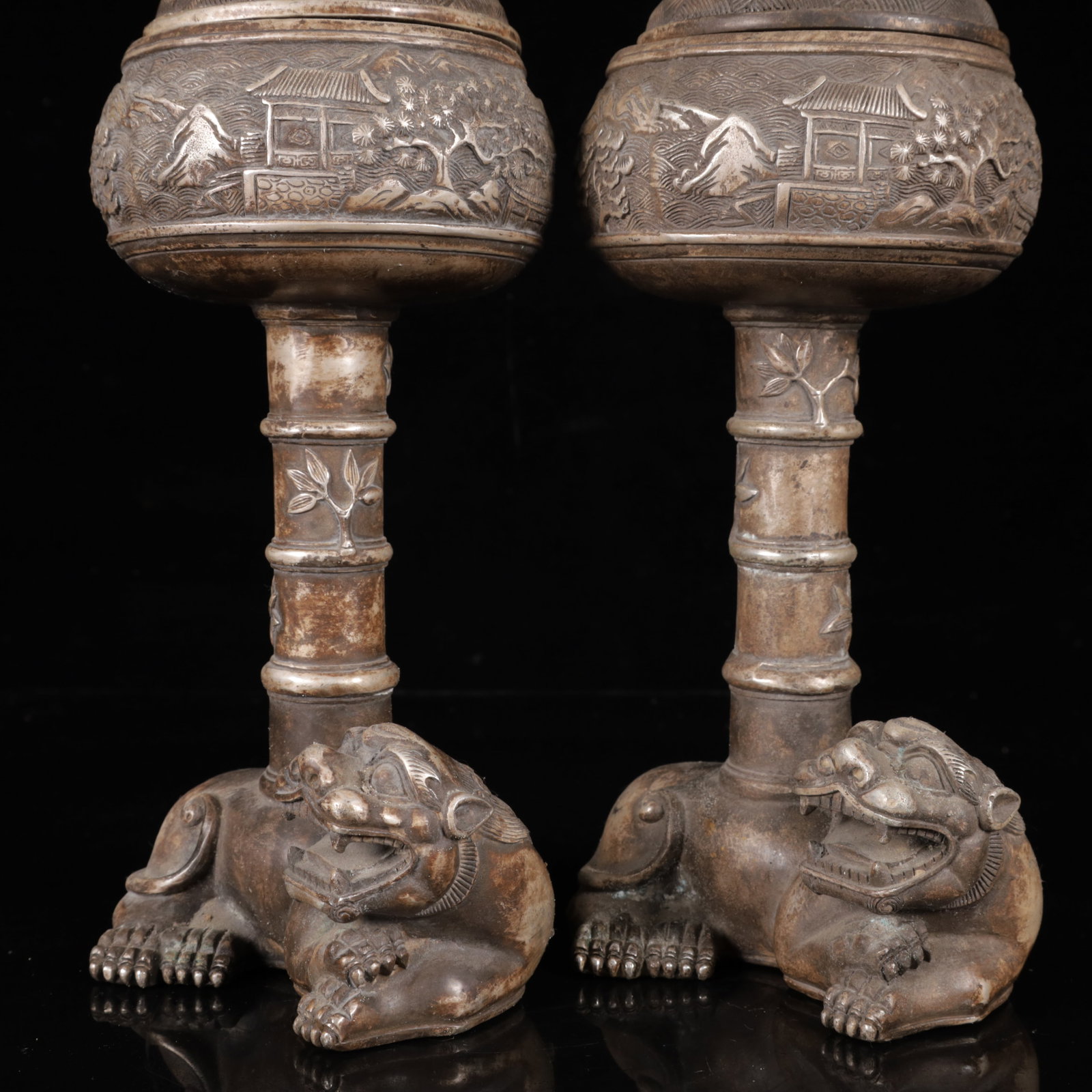 A Pair of Exquisite Silver-Plated Bronze Landscape Pattern Auspicious Beast Censers - 4
