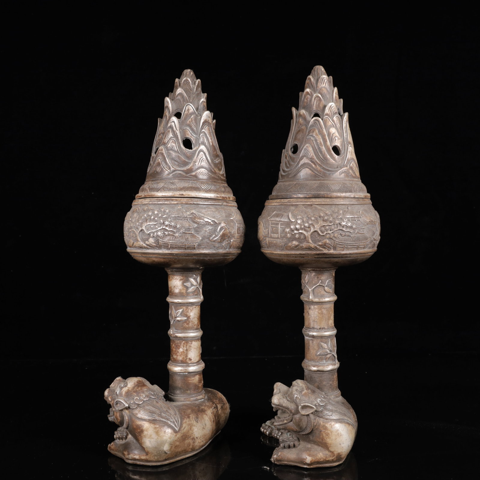 A Pair of Exquisite Silver-Plated Bronze Landscape Pattern Auspicious Beast Censers - 5