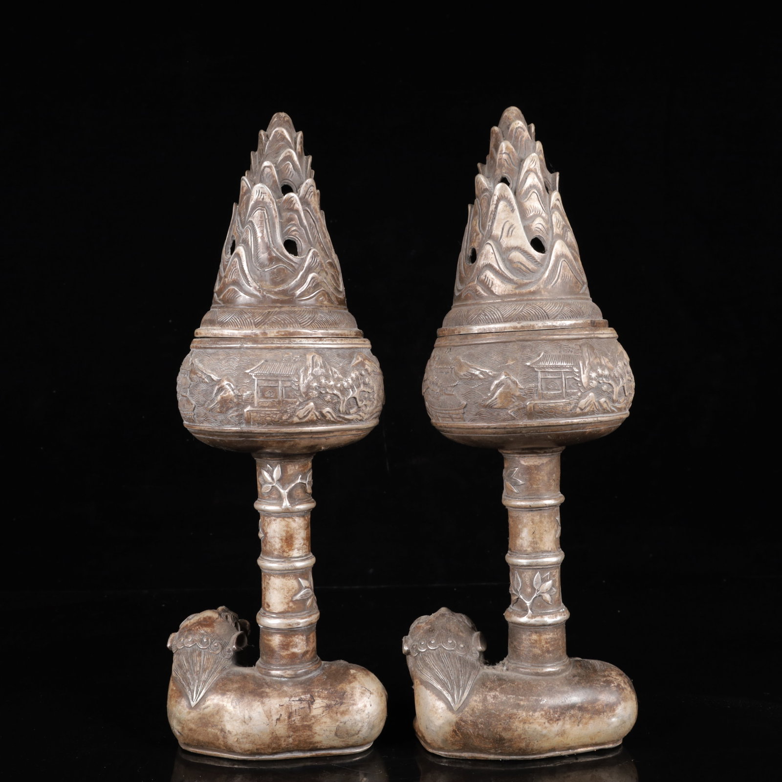 A Pair of Exquisite Silver-Plated Bronze Landscape Pattern Auspicious Beast Censers - 6